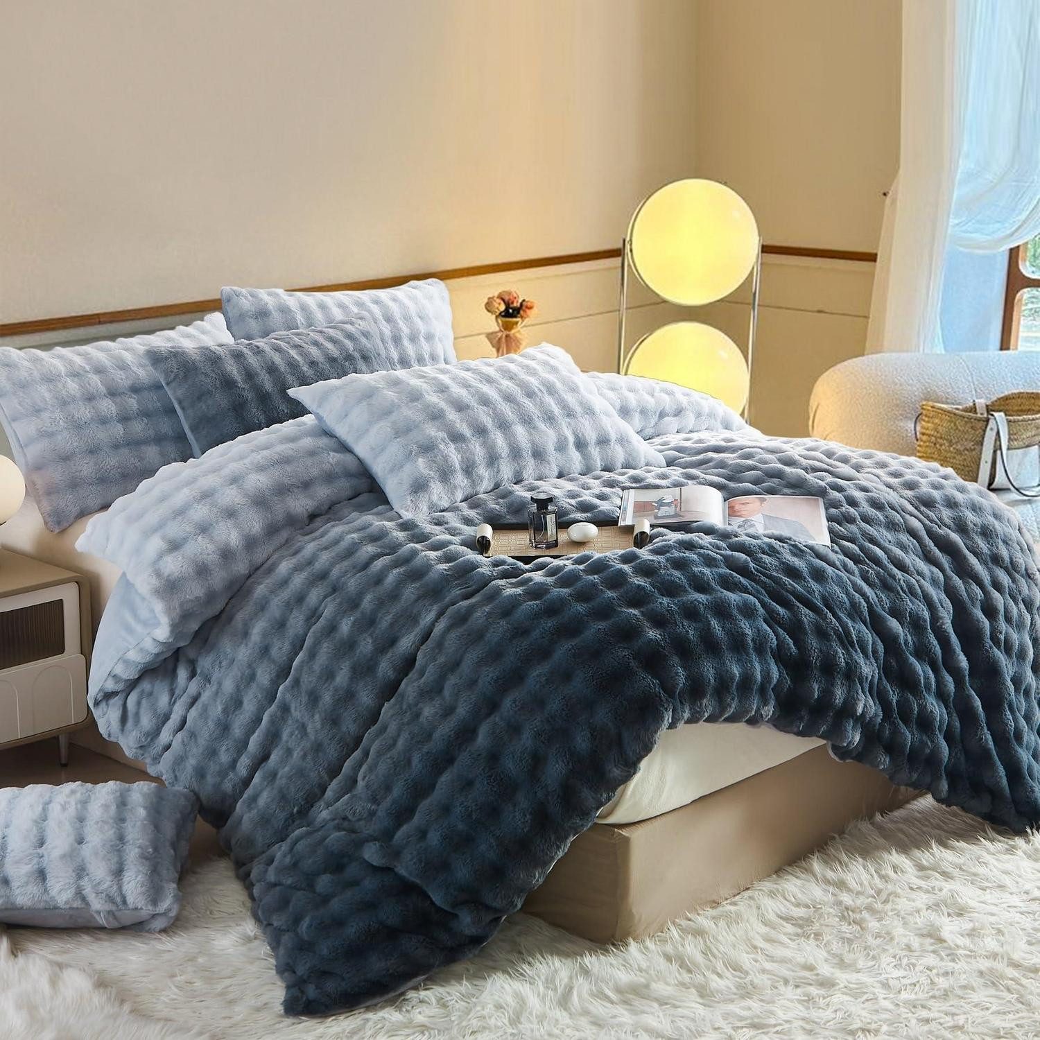 LuxusKollektion Bettwäsche Bettwäsche Winter Plüsch Langhaar Grau Blau 4tlg, 4 teilig