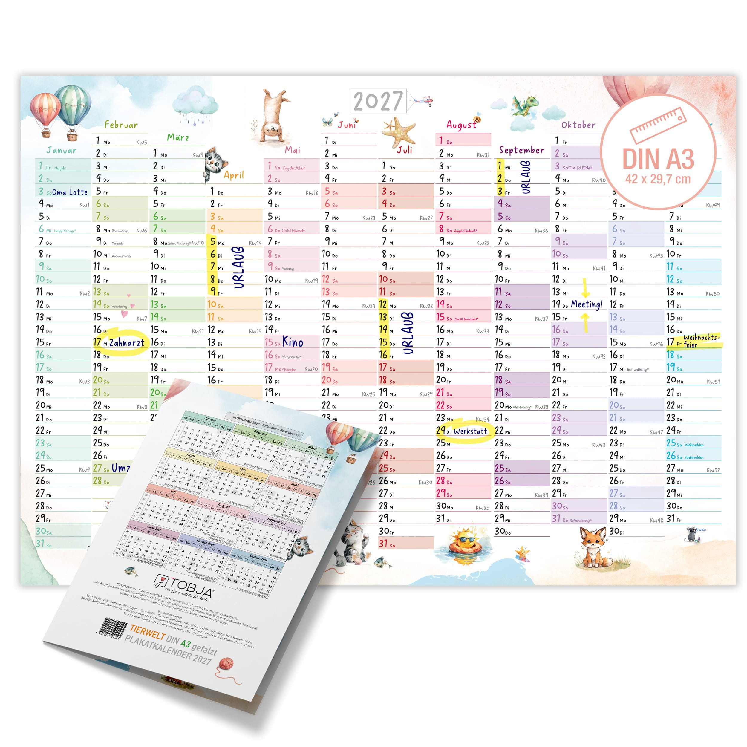 TOBJA Wandkalender Wandkalender 2027 A3 Tierwelt Aquarell – Jahresplaner Kinder, Aquarell-Tiere, KW, FSC-Papier, Rückseite Jahresplanung