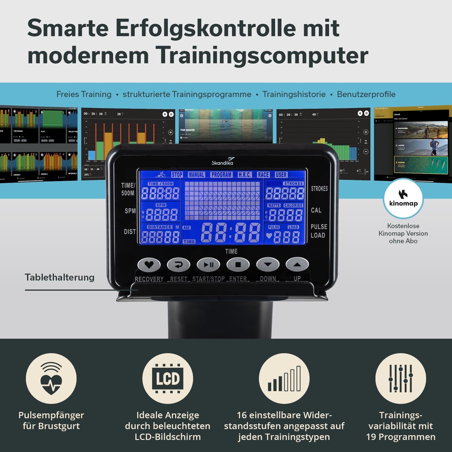 Skandika Rudergerät Njord Ruderergometer mit 16 Stufen, Studioqualität, für Zuhause, klappbar, 8 kg Schwungmassensystem, max. 180 kg, Kinomap, Bluetooth