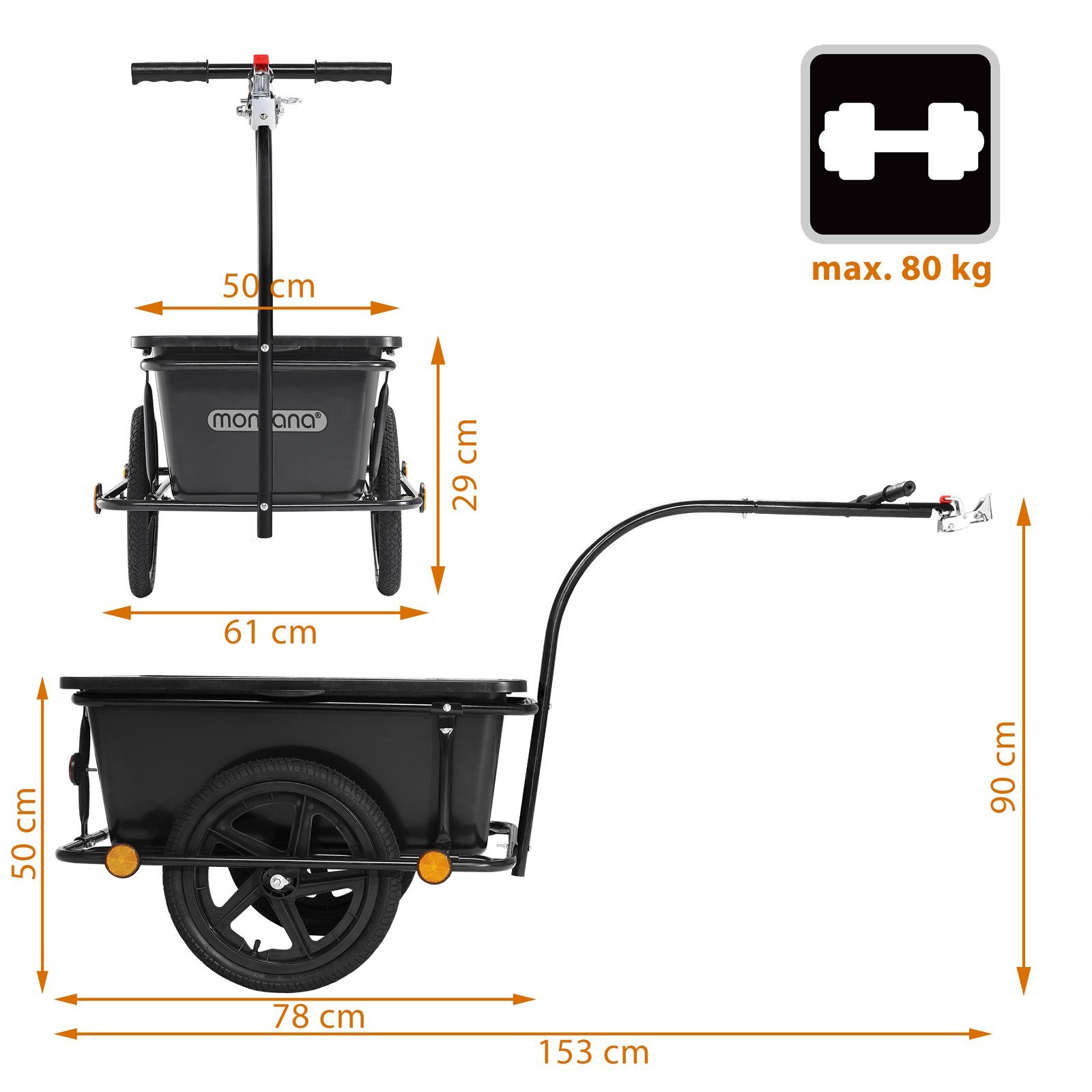 monzana bicycle cargo trailer, bicycle trailer with 90L plastic tub including coupling