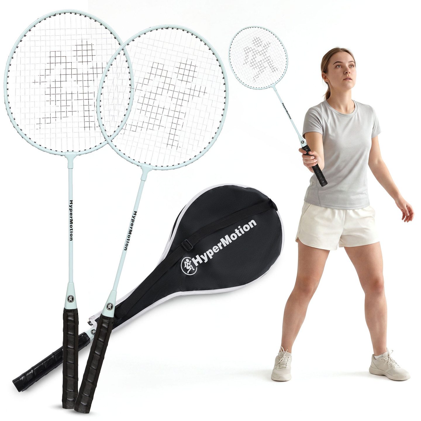 HyperMotion Federballschläger HyperMotion Badminton Schläger Set 2er mit Tasche Salbeigrün
