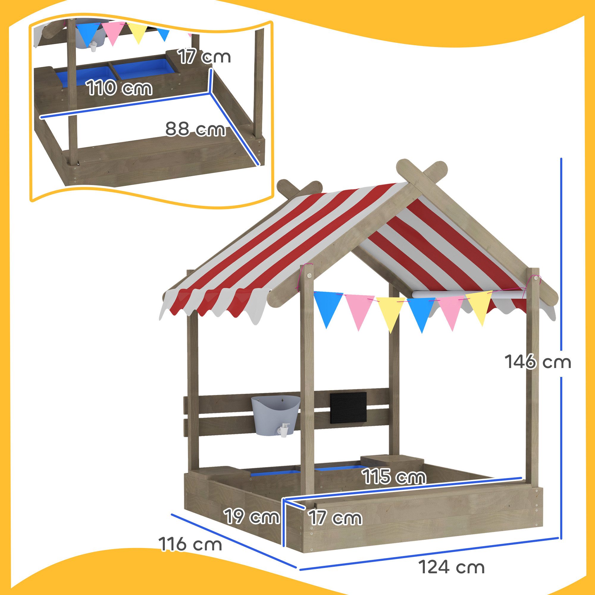 Outsunny Sandkasten Sandkiste mit Dach, aus Holz mit Sitzplatz, Garten, grau, (Spielhaus, 1-tlg., Sandbox mit Tafel), für 3-7 Jahre Kinder, 124 x 116 x 146 cm