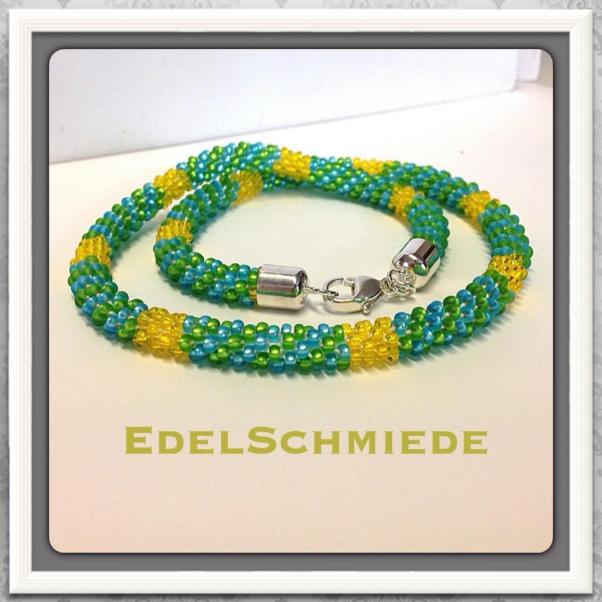 Kette ohne Anhänger Häkelkette, Türkis, Grün und Gelb, 925 Sterling Silber Schließe 43 cm