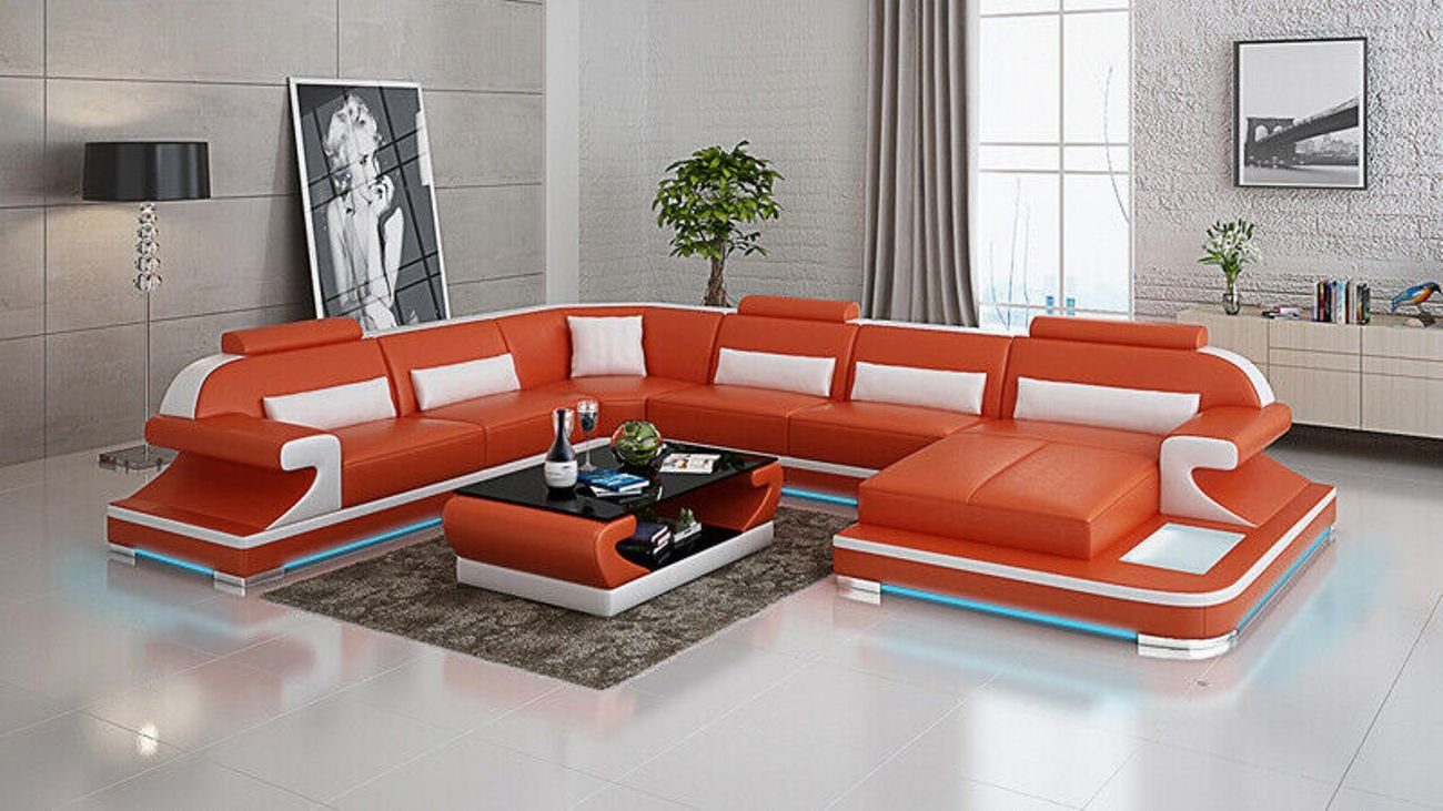 JVmoebel Ecksofa Ledersofa Couch Wohnlandschaft Ecksofa Garnitur Modern Sofa mit USB Orange