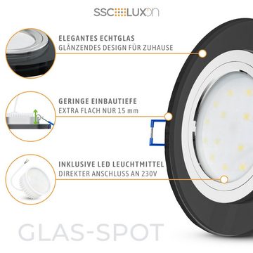 SSC-LUXon LED Einbaustrahler Flacher LED Einbauspot aus Echtglas in rund schwarz mit LED Modul, Extra Warmweiß