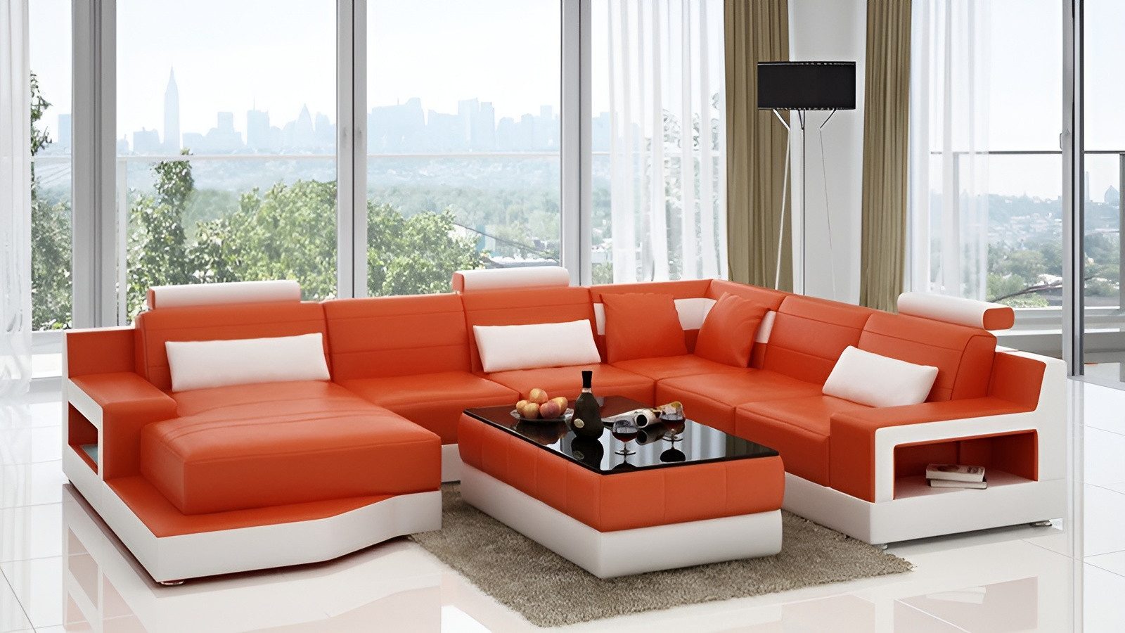 Xlmoebel Wohnlandschaft Ledersofa L6005 in modernem Design mit großzügiger Sitzfläche, Wohnlandschaft, Hergestellt in Europa