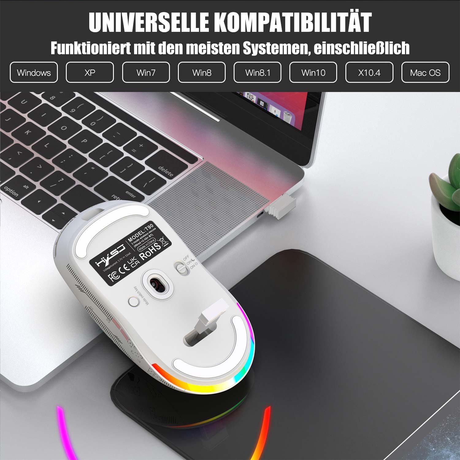 Refttenw 2,4G Bluetooth drahtlose Maus,Wireless-Maus,3600 DPI Maus (RGB-Glühen)