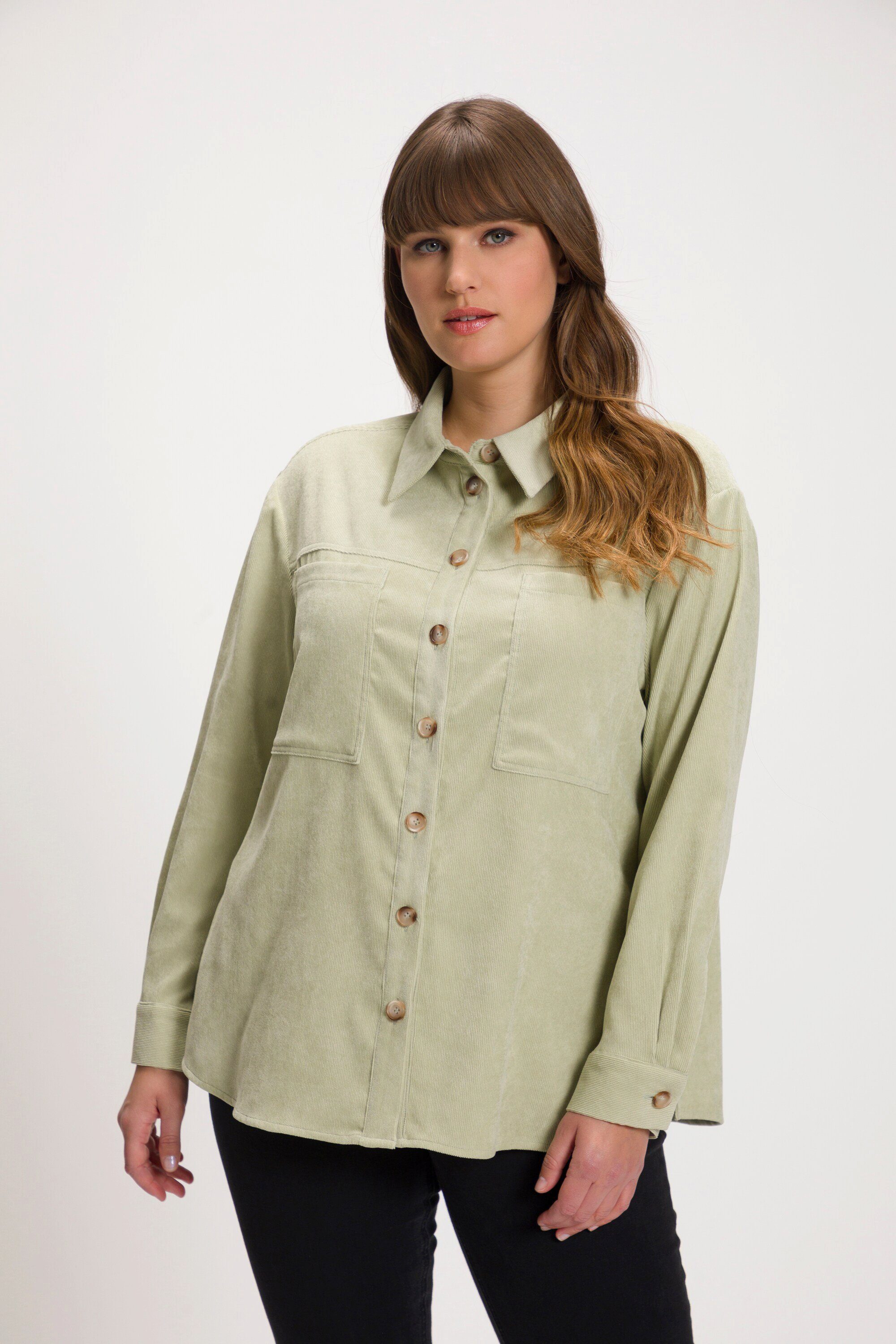 Longbluse Oversized salbeigrün Ulla Popken Langarm Hemdkragen Cordbluse