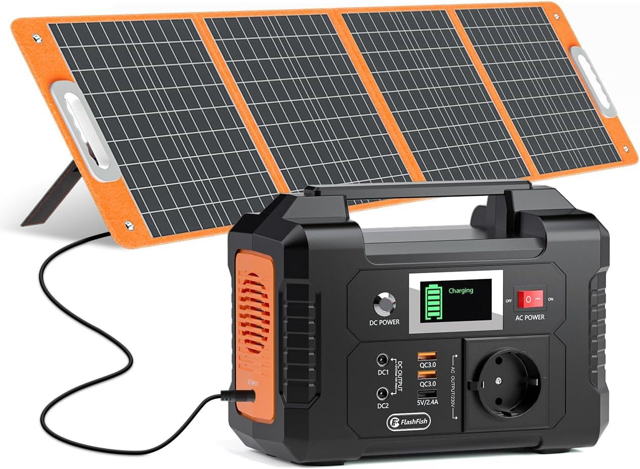 Flashfish Stromerzeuger Powerstation 200W, 151Wh Stromgenerator Solar, AC-Ausgang 230V, 0,2 in kW, (E200), mit 100w Solarpanel für Camping,Abenteuer und Notfälle
