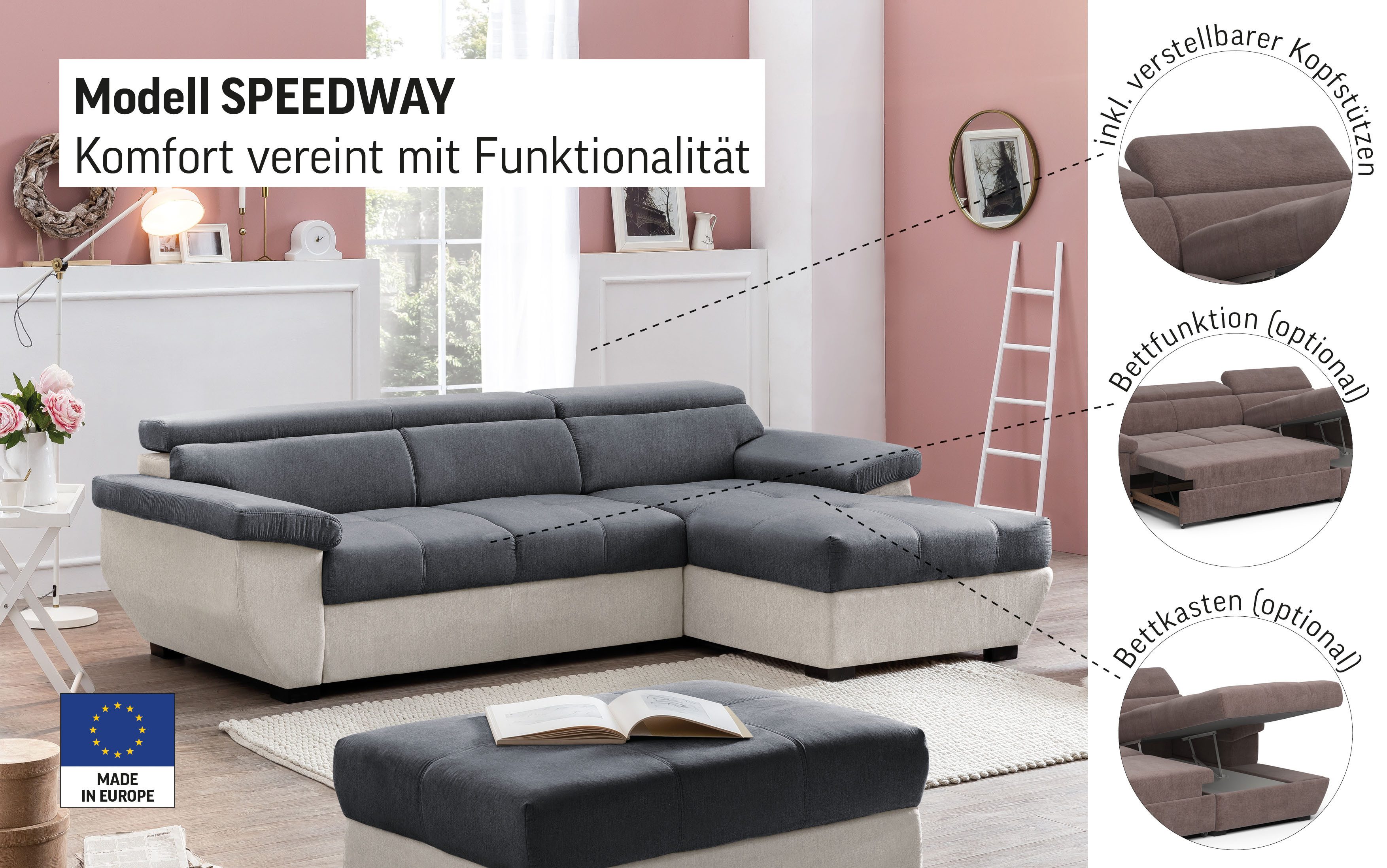 COTTA Ecksofa Speedway L-Form, mit Kopfteilverstellung, günstig online kaufen