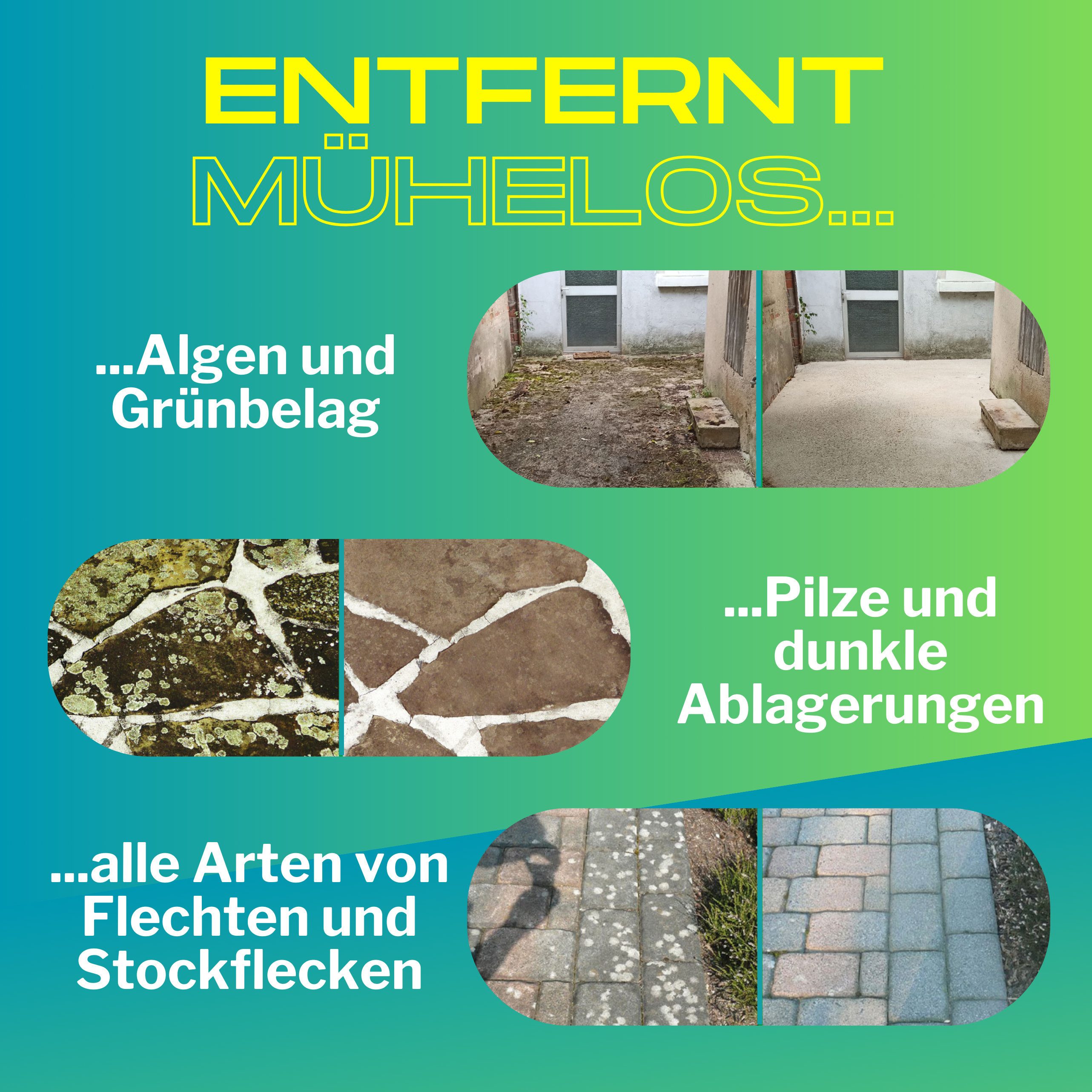 ABACUS Steinreiniger Extrem, Flechtenentferner, Steinreiniger Intensiv außen Grünbelagentferner (Entfernt sofort Algen, Schmutz Grünbeleg und Flechten, [- 4x1000ml Steinreiniger Extrem mit Sofortwirkung)