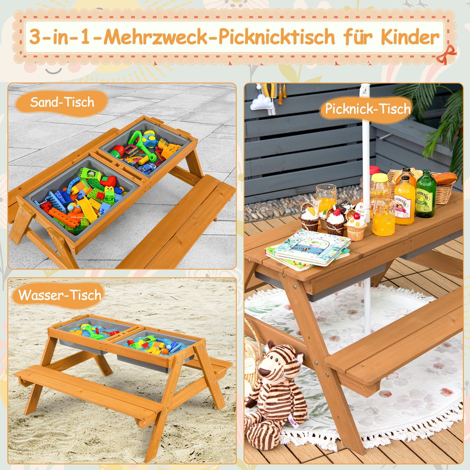COSTWAY Garten-Kindersitzgruppe 4 Sitzer Picknick, Holz, günstig online kaufen