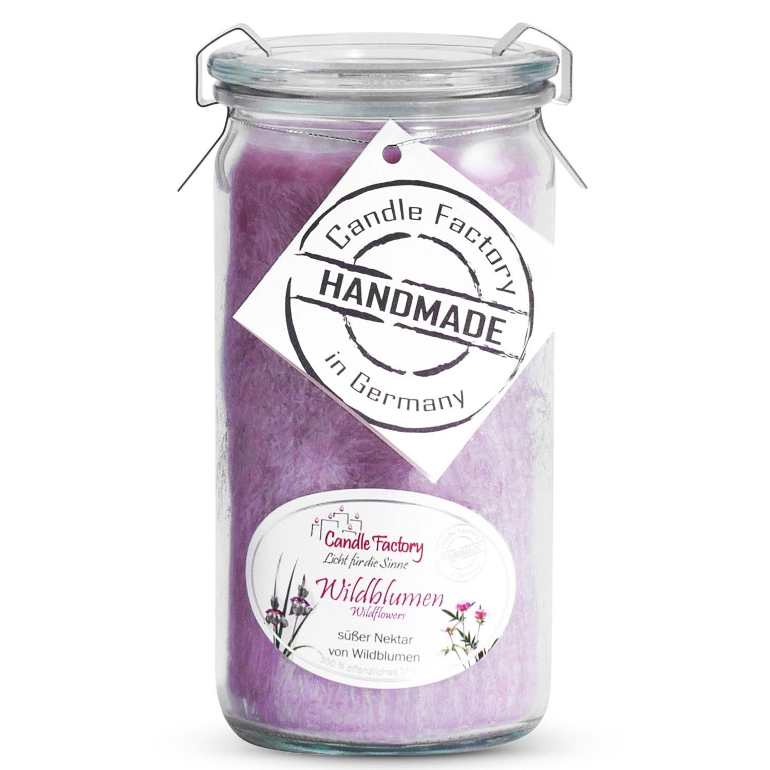Landshop24 Duftkerze Candle-Factory Duftkerze aus Stearin im Weckglas Mini Jumbo (Duft: Wildblume), brennt bis zu 70h