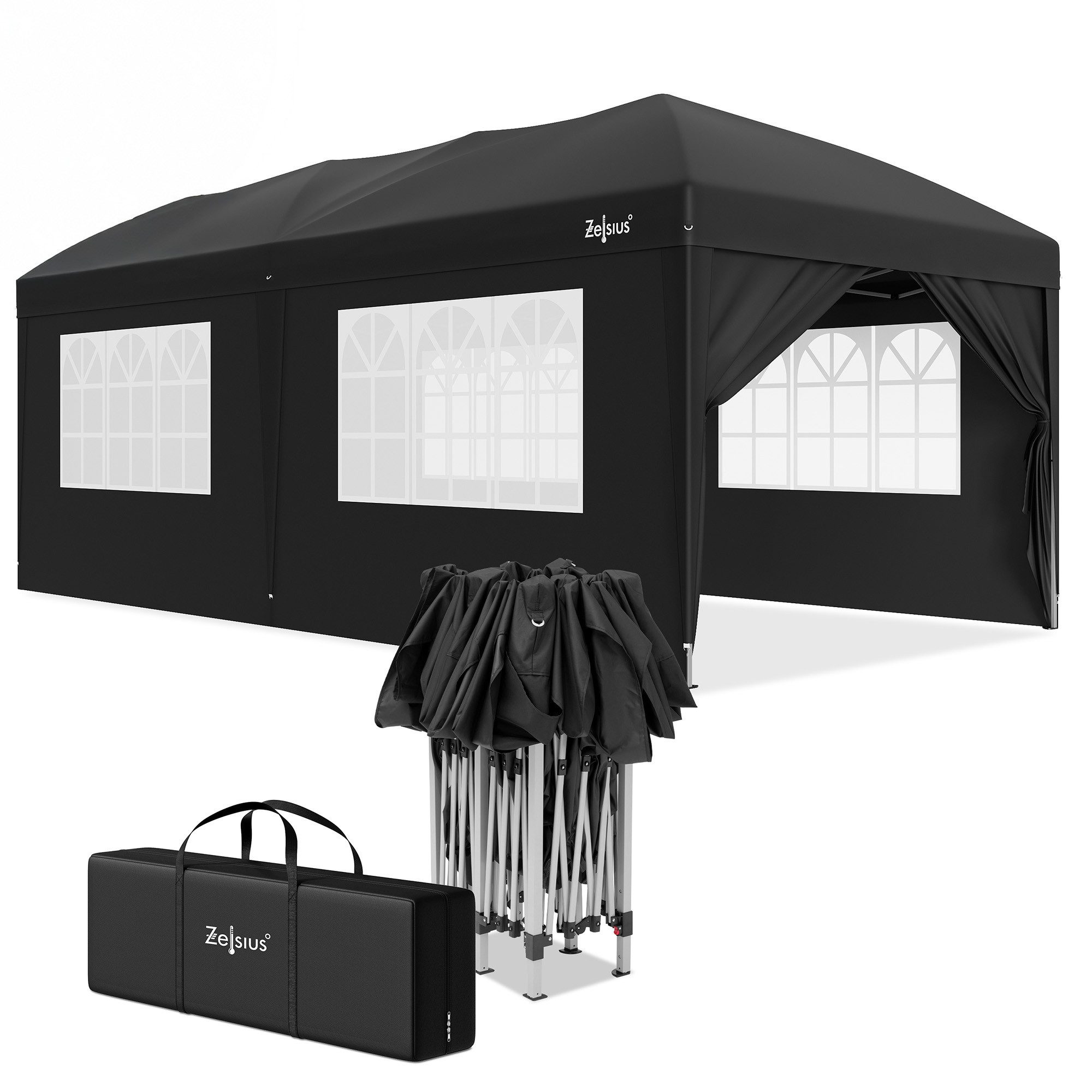 Zelsius Faltpavillon Faltbarer Pavillon 3x6 m mit Seitenwänden, Schwarz, Faltpavillon, Löcher in den Füßen zur sicheren Befestigung mit Heringen