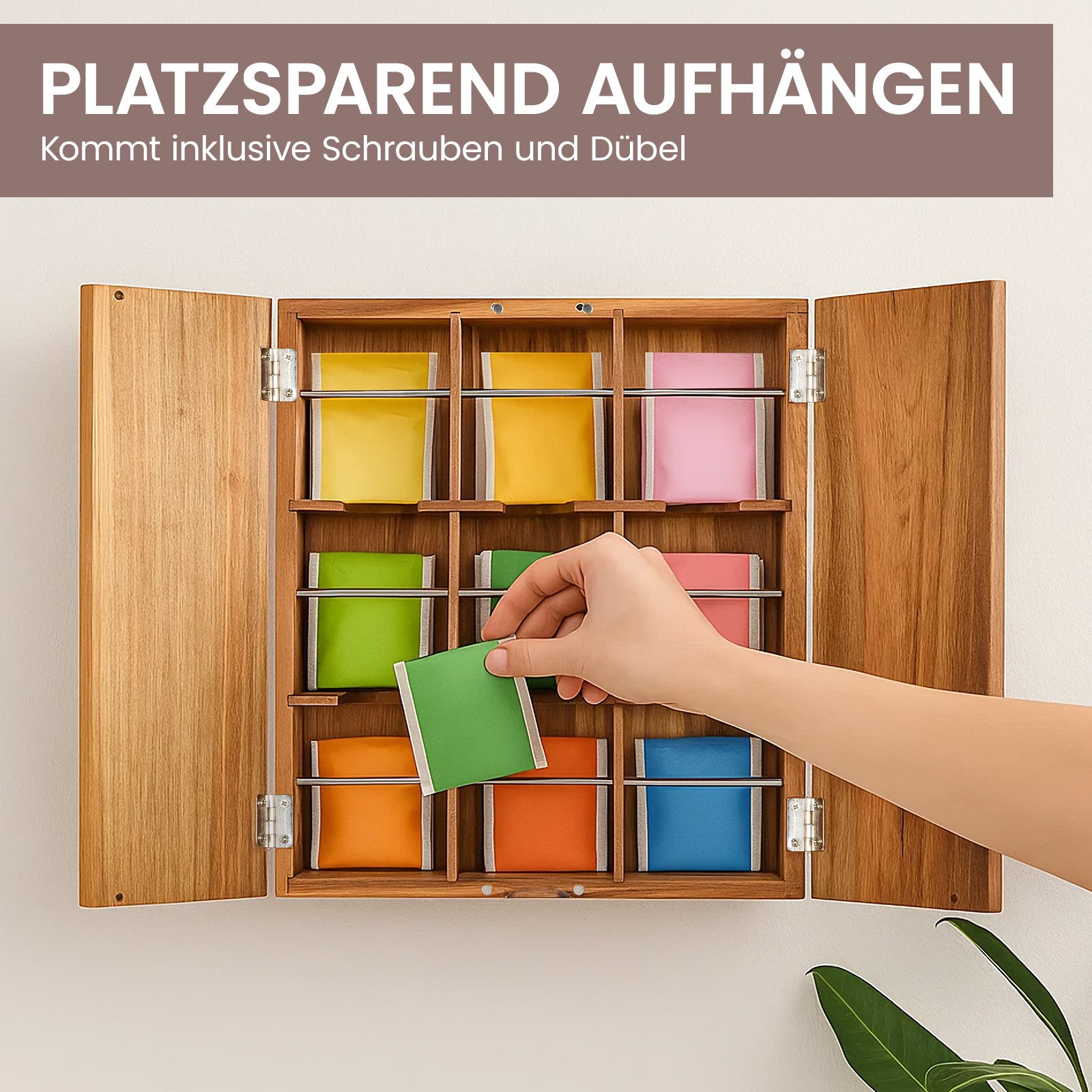 Youyijia Aufbewahrungsbox Organizer-Box aus Holz mit Deckel, 9 Fächer für Tee und Kaffee – Bild 5 von 5