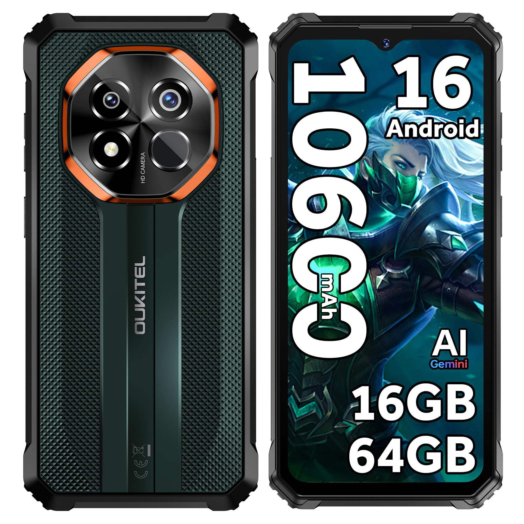 OUKITEL G7 Outdoor Handy Ohne Vertrag 10600mAh akku Android 16 Smartphone (16,56 cm/6.52 Zoll, 64 GB Speicherplatz, 16 MP Kamera, 10600mAh, 16GB+64GB, IP68/IP69K, 16MP Kamera, GPS)