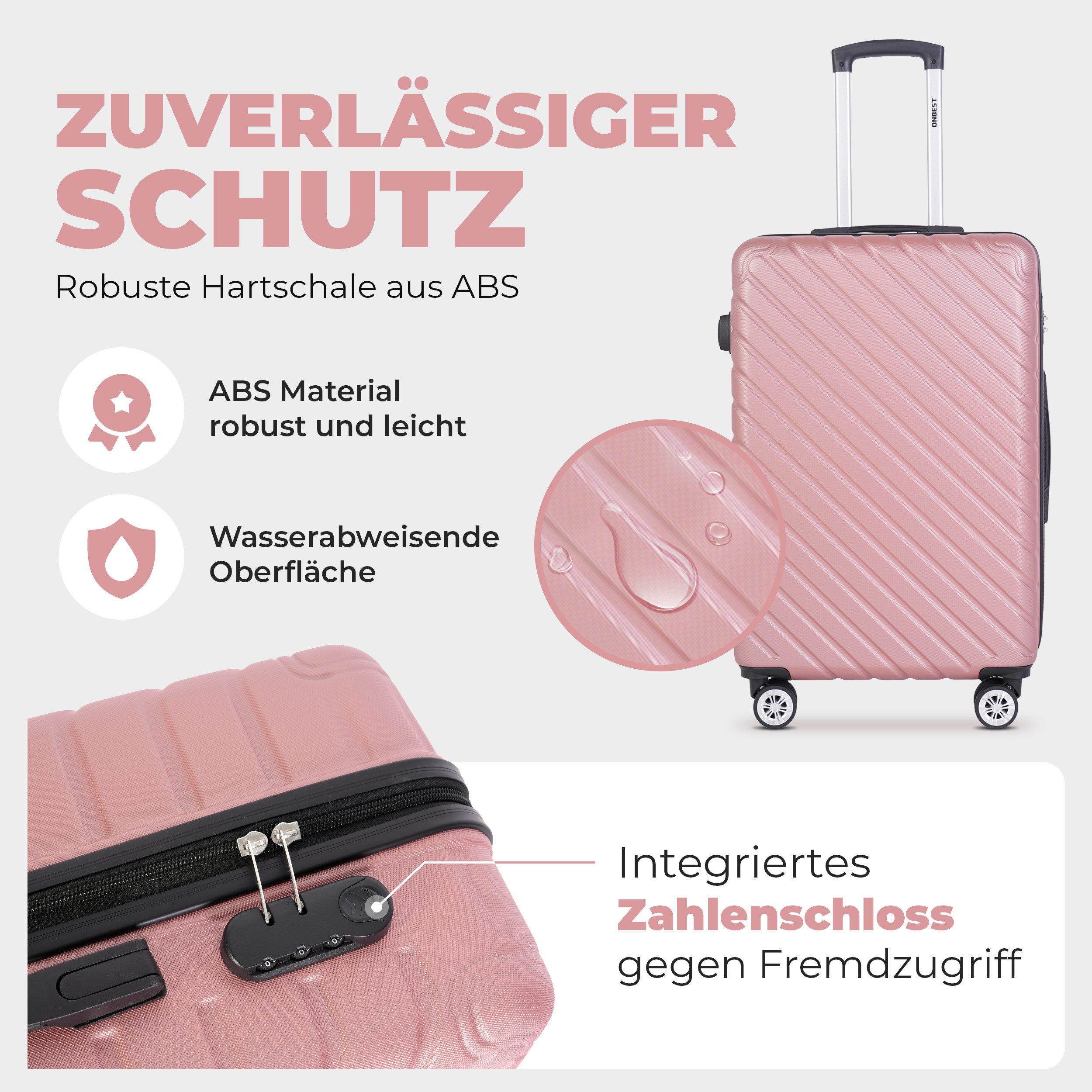Onbest Kofferset 3er Hartschallen Trolley Set PREMIUM 20",24",28", 4 Rollen, (Set, 3 tlg., Hartschalen-Trolley Set), ABS-Material, mit viel Zubehör, wasserabweisend
