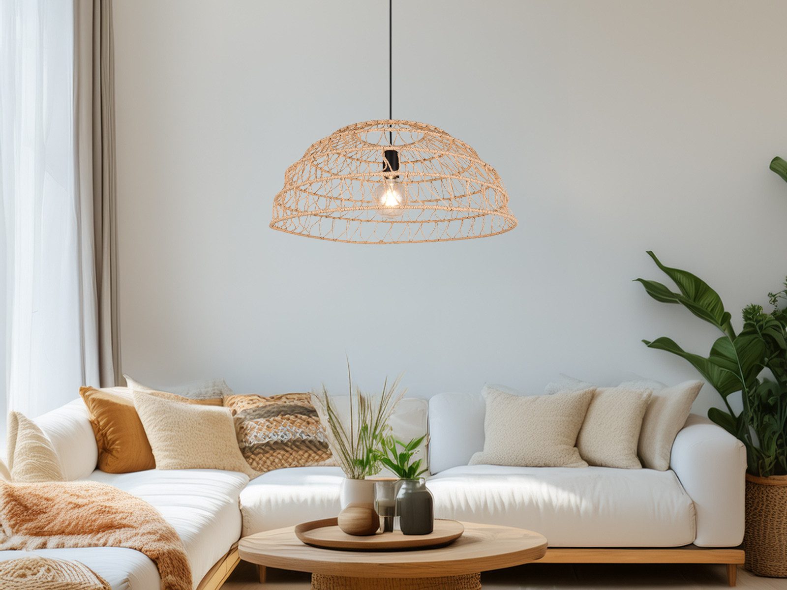 Reality Leuchten LED Pendelleuchte, Dimmfunktion, LED wechselbar, über Lichtschalter in 3 Stufen dimmbar, warmweiß, Groß-e Makramee Lampenschirm einflammig hängend über-n Esstisch, Ø60cm