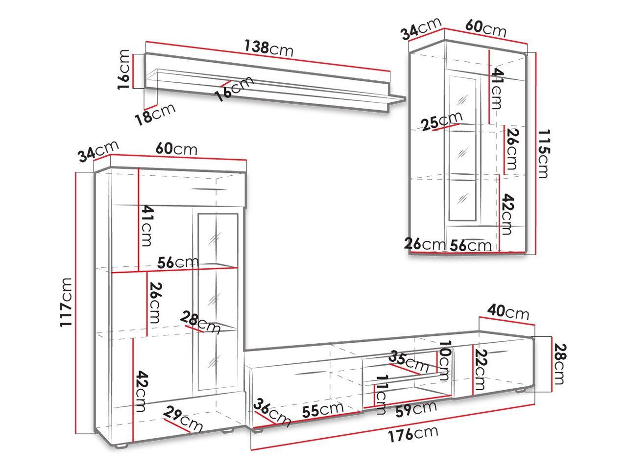 Eemo Towiro, Vitrine), San mit Dunkel (4er-Set, MIRJAN24 Option LED-Beleuchtung Wohnwand als Hängeschrank, Glasregale, TV-Lowboard, Wandregal,