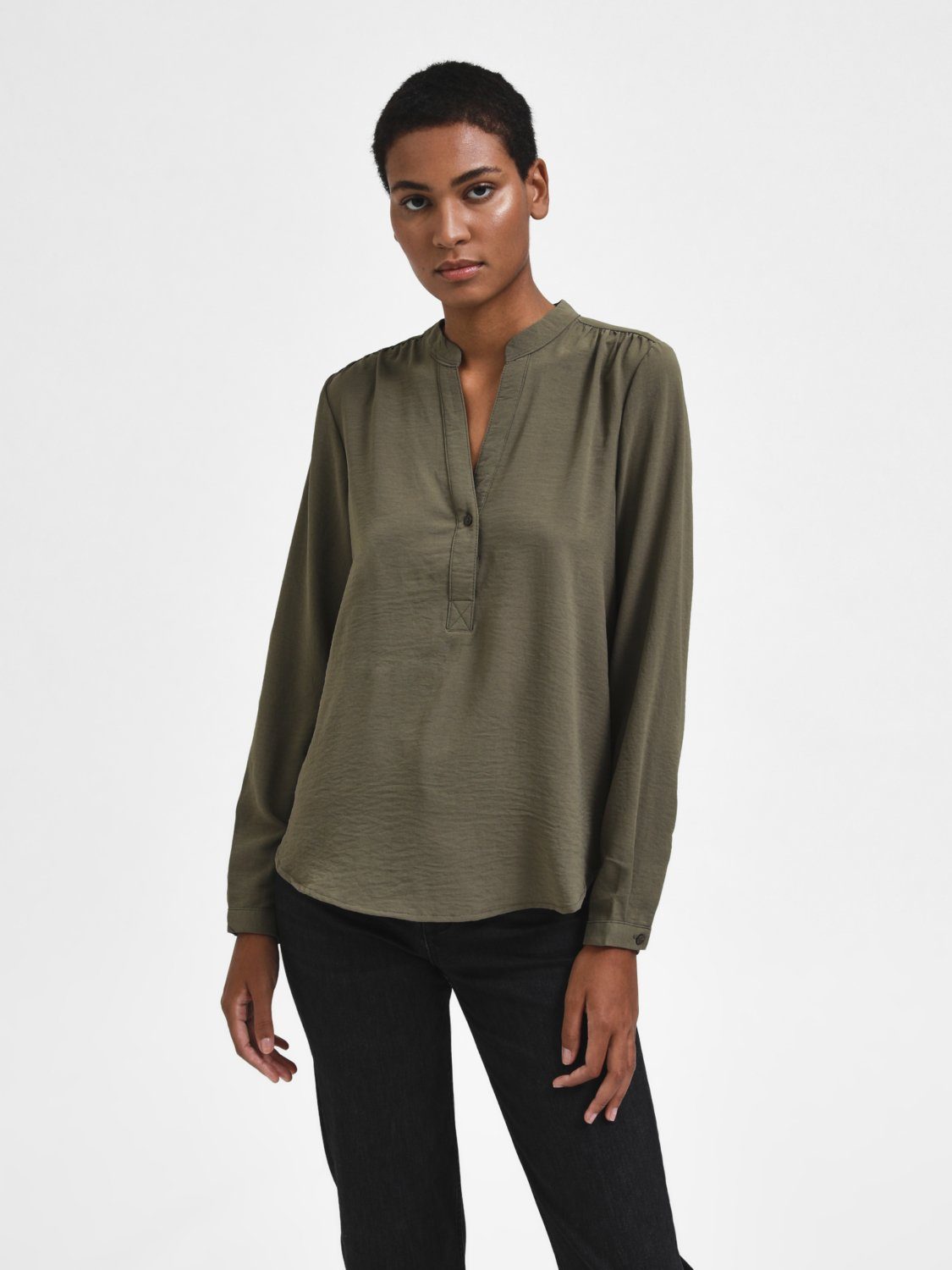 SELECTED FEMME Blusenshirt Einfarbige Langarm Bluse V-Ausschnitt Tunika SLFMIVIA (1-tlg) 4203 in Khaki