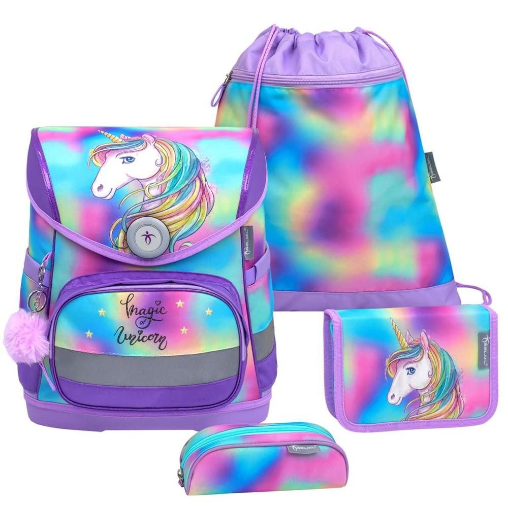 Belmil Ранцы "Compact 2025" (inkl. Regenhaube), Einhorn mit Regenbogenmähne, 4tlg. Set ab 1. Klasse, Grundschule