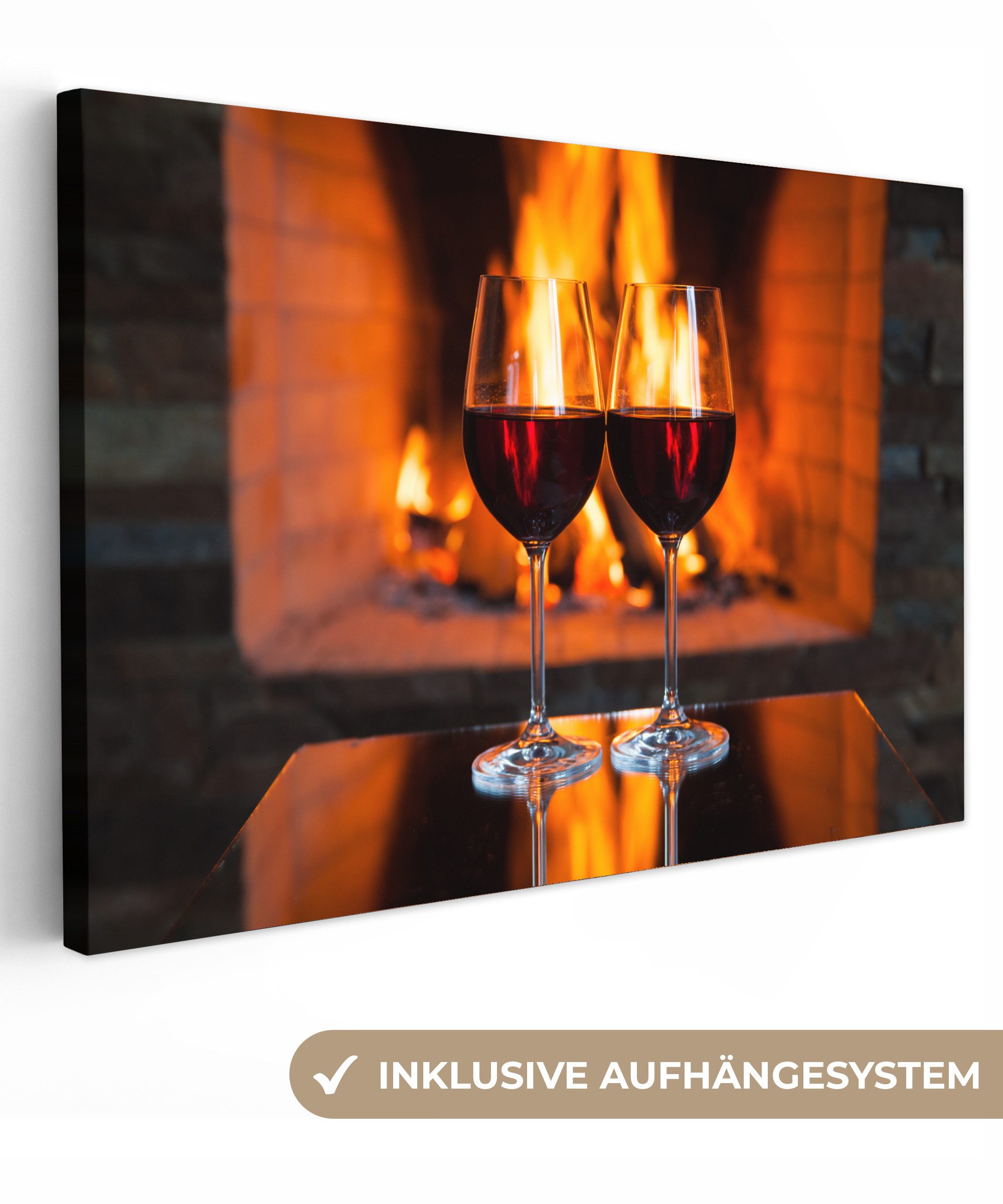 OneMillionCanvasses® Leinwandbild Zwei Gläser Rotwein am offenen Feuer, Fot günstig online kaufen