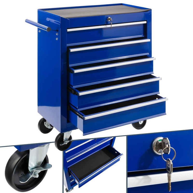 Arebos Werkstattwagen Werkstattwagen 5 Fächer, zentral abschließbar, blau, (Set, Werstattwagen 5 Schubladen blau)