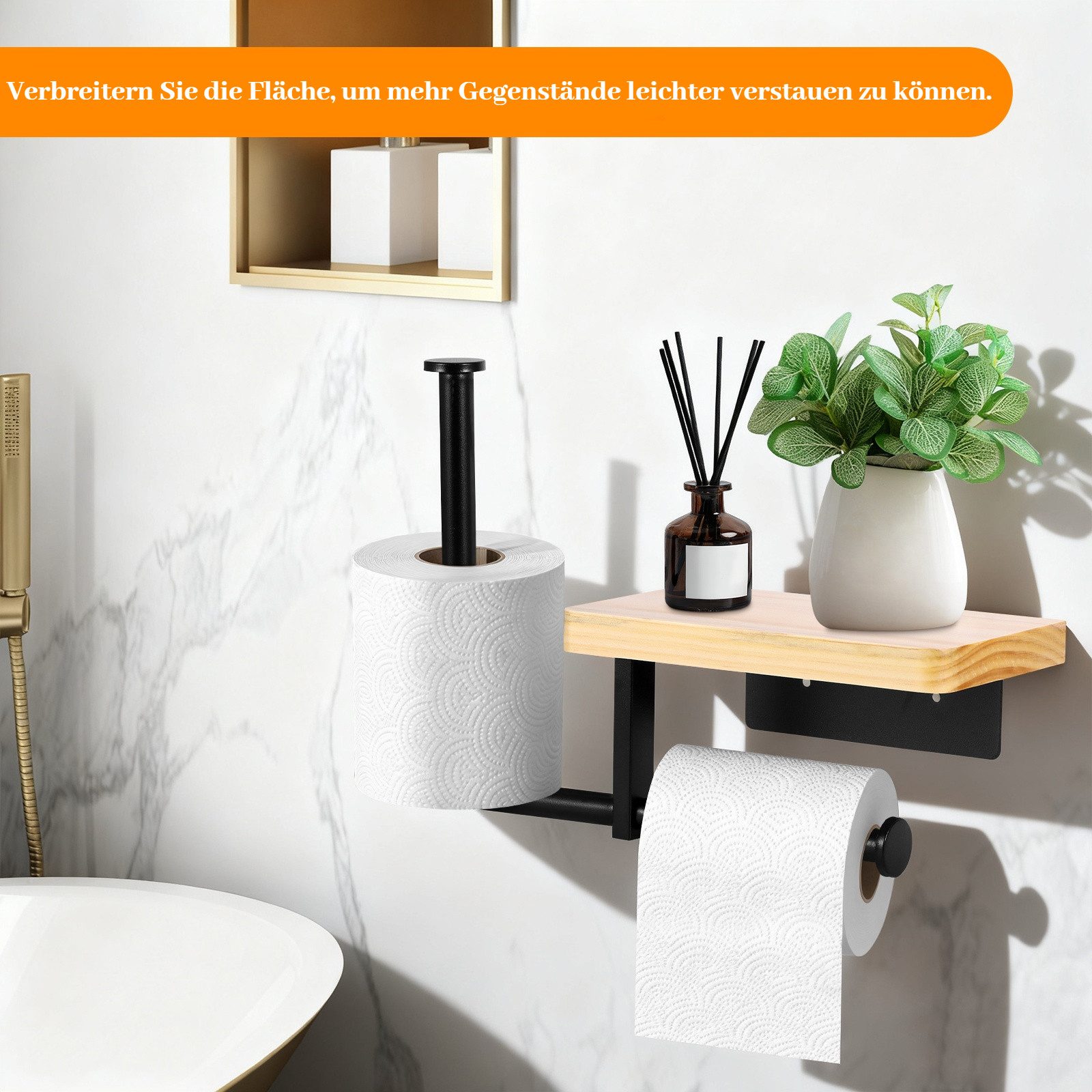 BlingBin Toilettenpapierhalter Klopapierhalter mit Ablage WC Papier Halterung Ohne Bohrung (1er Set, 1-St., 31,6 × 12 × 22 cm), Klorollenhalter mit Ablage für Bad und Küche, stilvoll, platzsparend