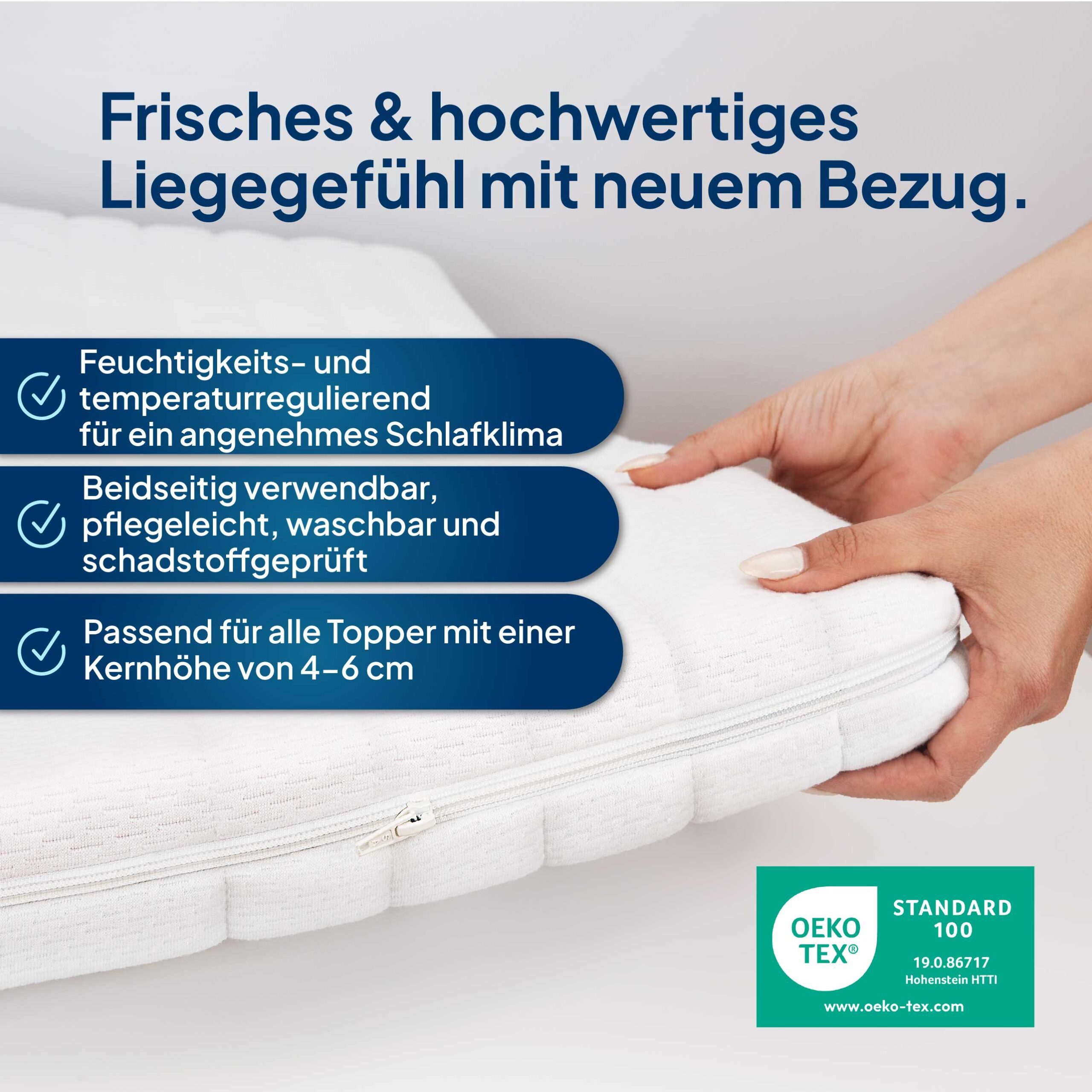 AM Qualitätsmatratzen, Topper Bezug, Komfort Topperbezug mit Reißverschluss, Bis 60° Waschbar, 6 cm hoch, Komfort, 80x200 cm
