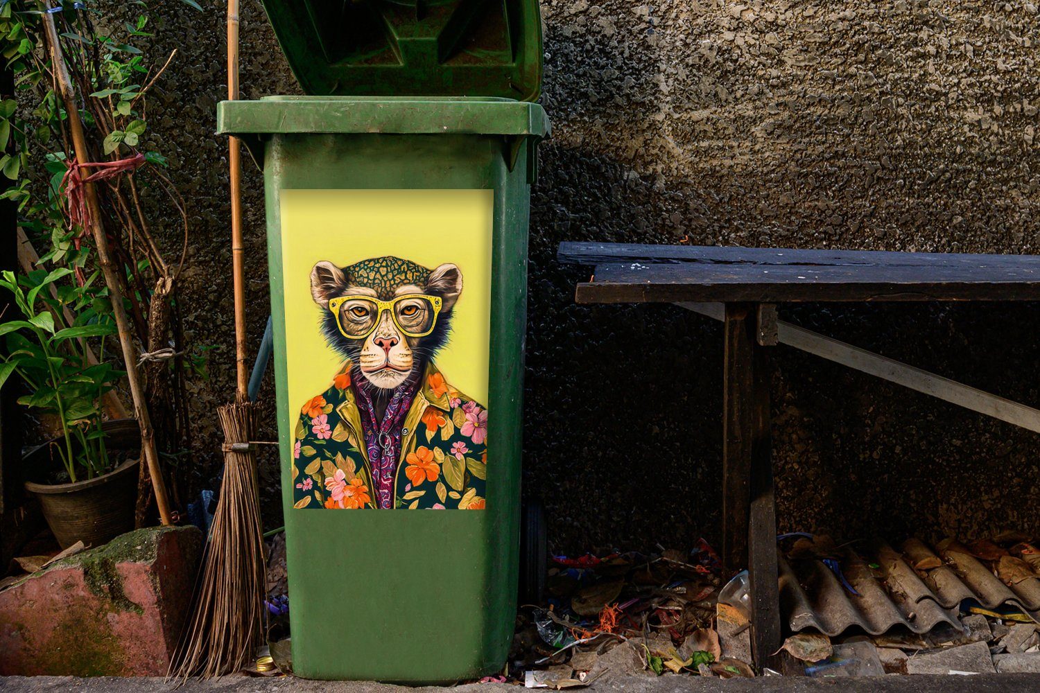 St), - Mülleimer-aufkleber, (1 Mülltonne, Brillen Tiere Design Blumen - Sticker, - Wandsticker Affe Abfalbehälter - Container, MuchoWow