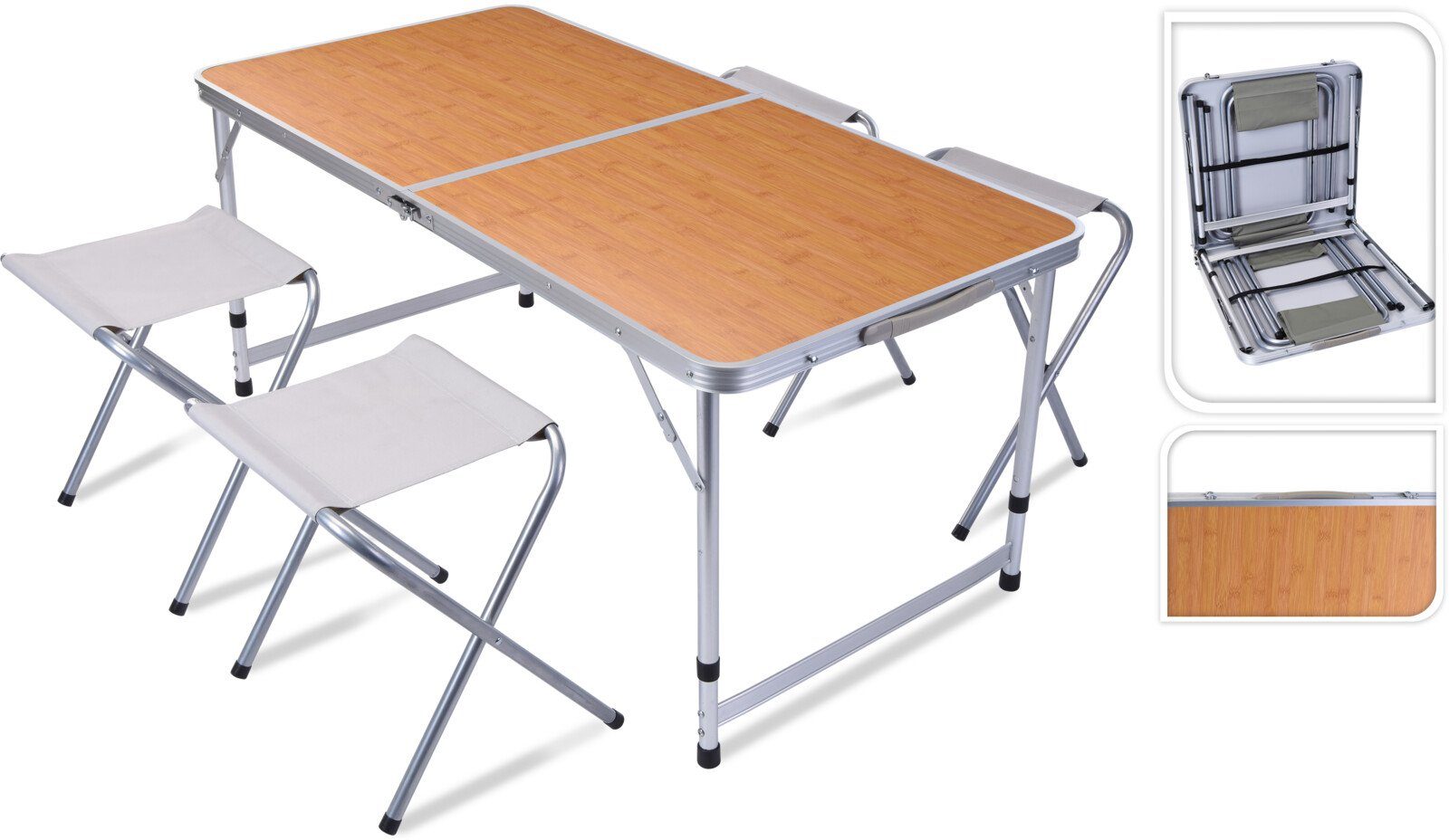 Koopman Gartentisch Silber / Braun (1-St), 5 tlg. Campingmöbel, 4 Stühle + 1 Tisch, faltbar, Leicht