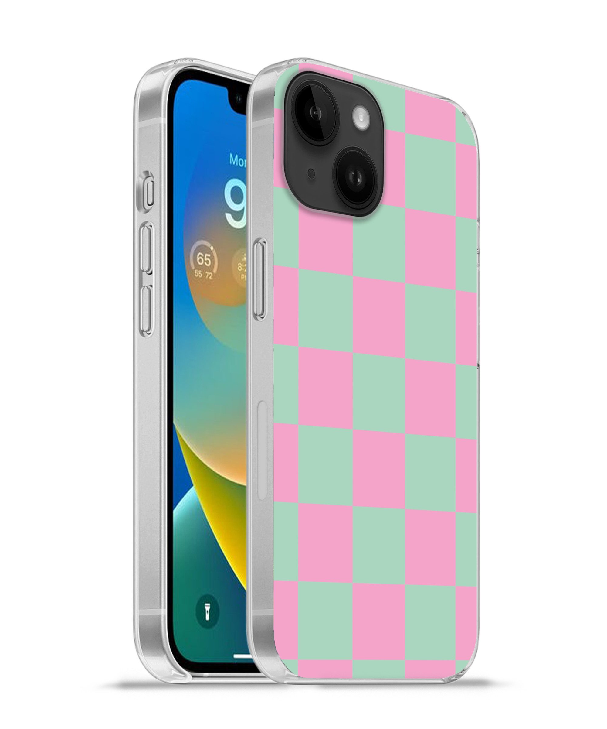 MuchoWow Handyhülle für Apple iPhone 14 Schachbrettmuster - Grün - Rosa - Würfel, Smartphone-Bumper, Print, Handy Schutzhülle Dünn