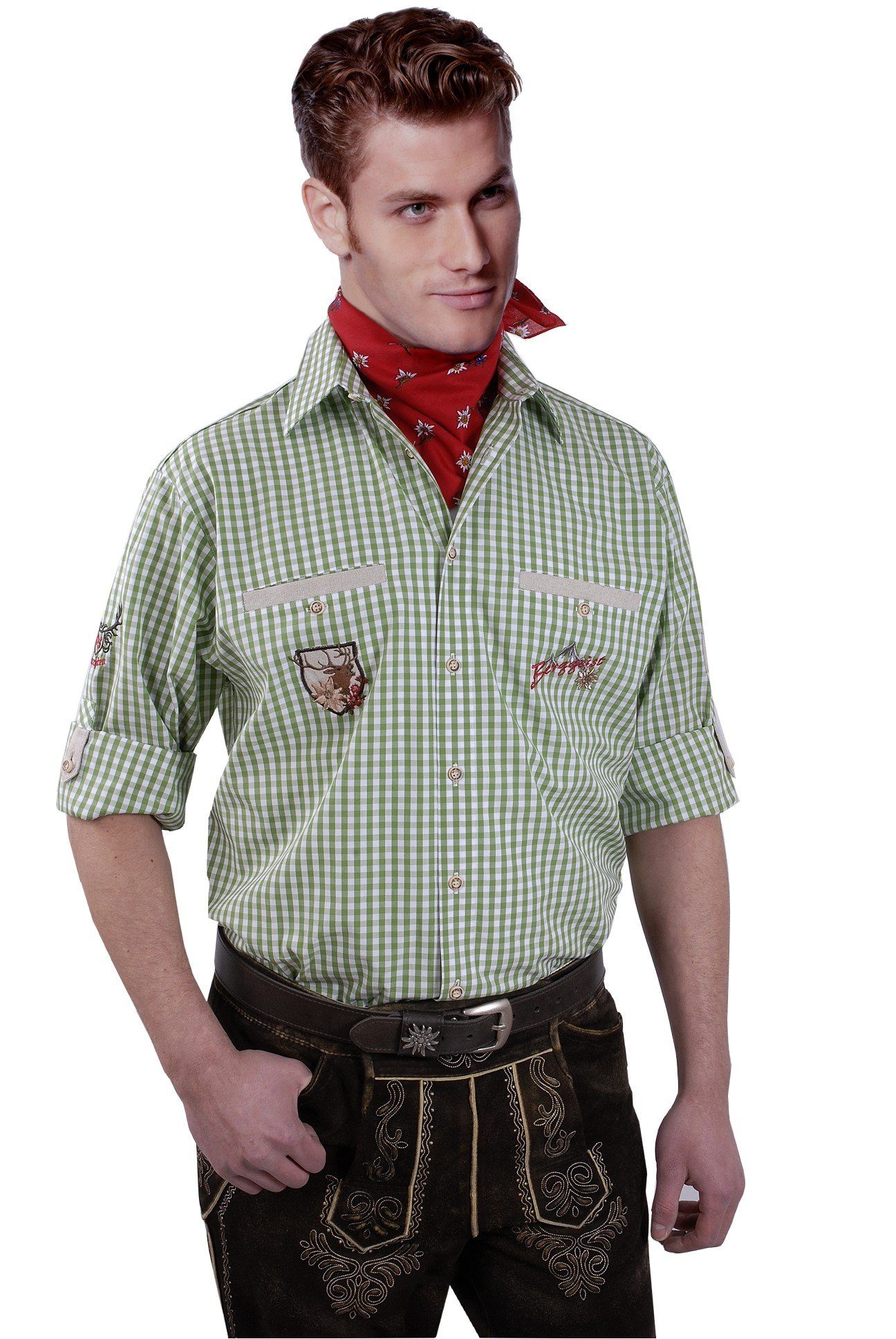 Moschen-Bayern Trachtenhemd Trachtenhemd Herren kariert Edelweiß Wiesnhemd Langarm Kurzarm Grün