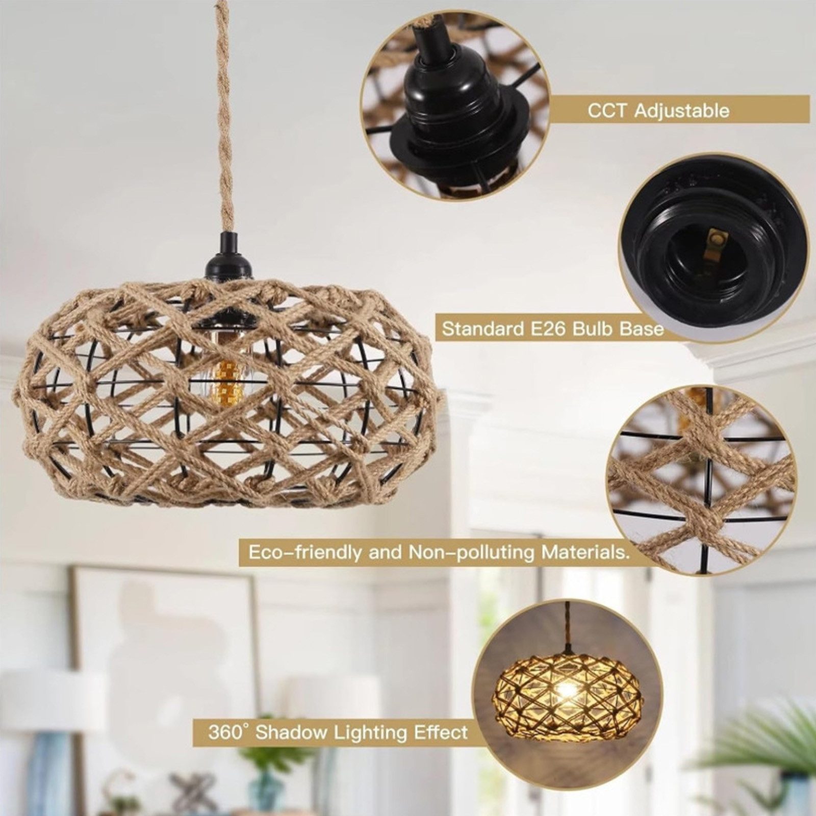 Riserva Hängeleuchte Hängelampe Rattan Ø31 cm, E27, Boho, 1 m Kabel, ohne Leuchtmittel – Bild 4 von 5
