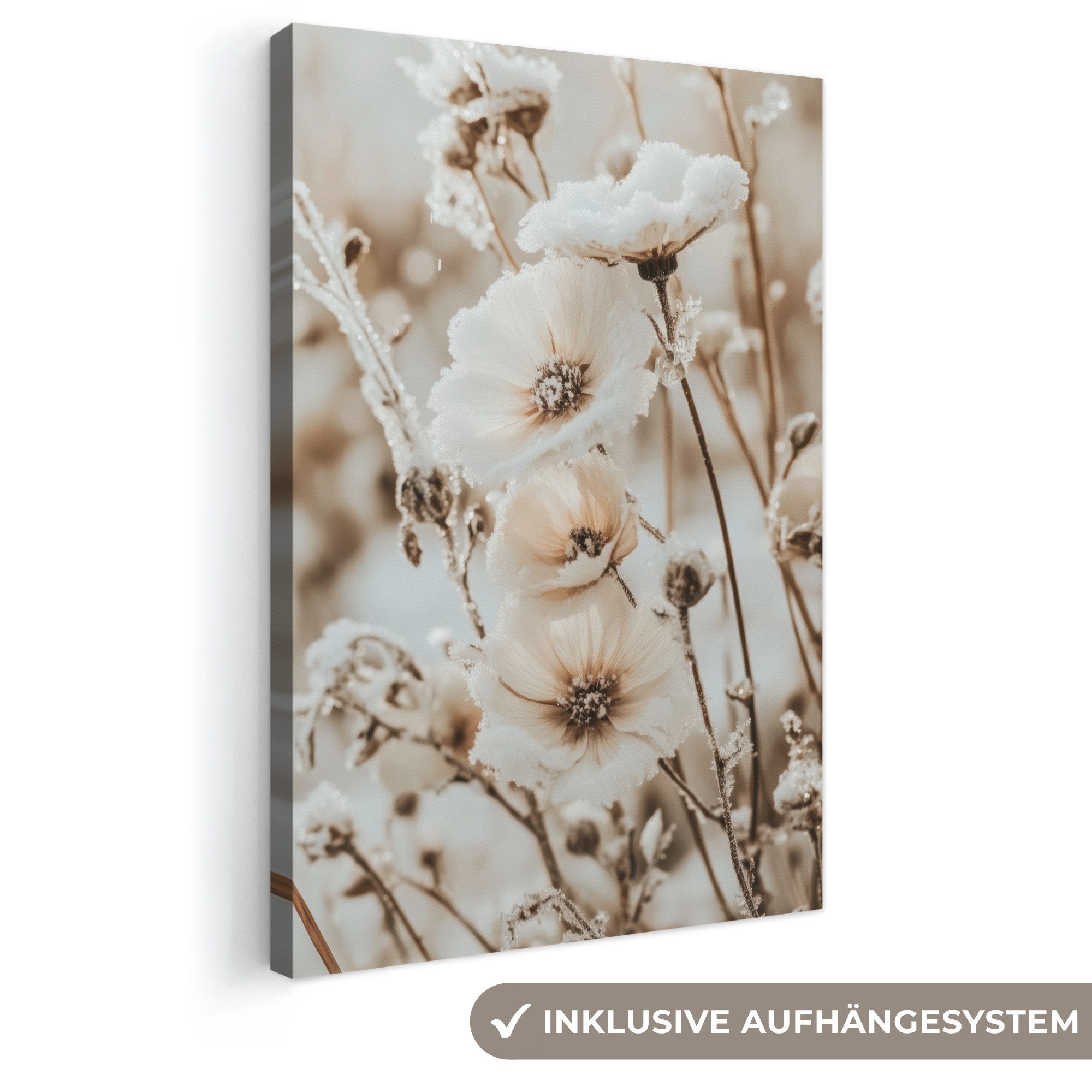 OneMillionCanvasses® Leinwandbild Blumen - Winter - Weiß - Schnee - Beige, Fotodruck (1 St), Leinwand Canvas Wandbild, Wanddekoration 20x30 cm