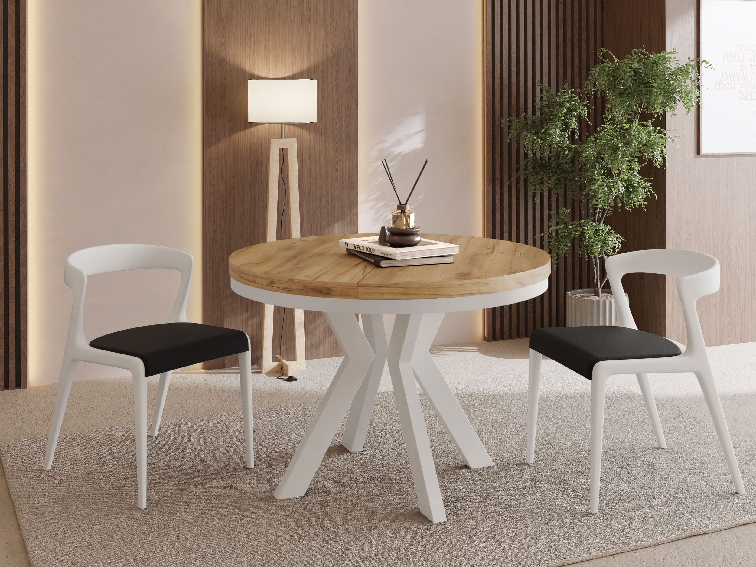 WFL GROUP Esstisch Savio Neo ausziehbar verlängerbar rund modern mit Weißen Holzbeinen (MADE IN EU, XXL Groß – 80/90/100 cm ausziehbar auf 130/190/200/300 cm), platzsparender Tisch für kleine Küche, Esszimmer oder Wohnzimmer