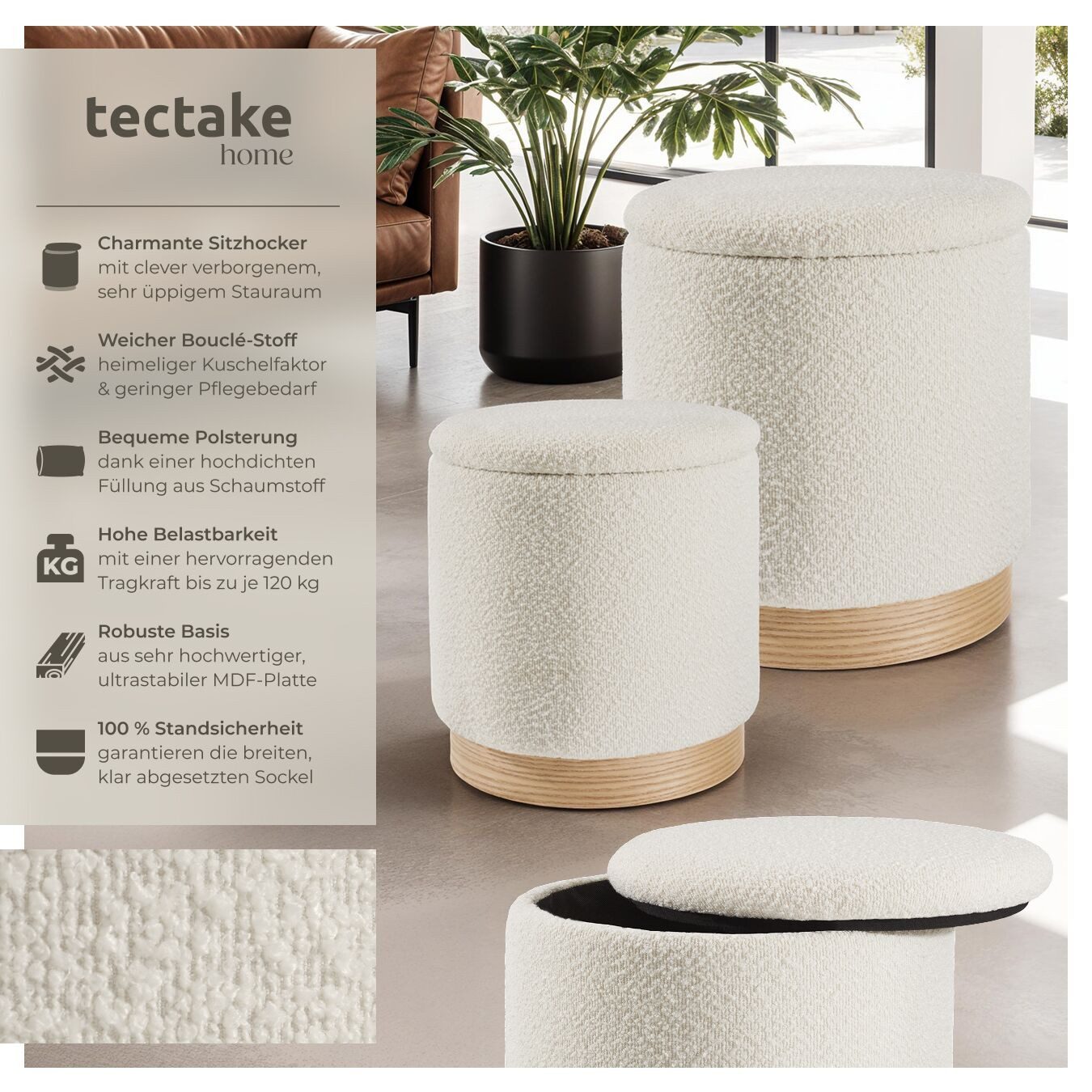 tectake Sitzhocker 2er Set Sitzhocker mit Stauraum, rund günstig online kaufen