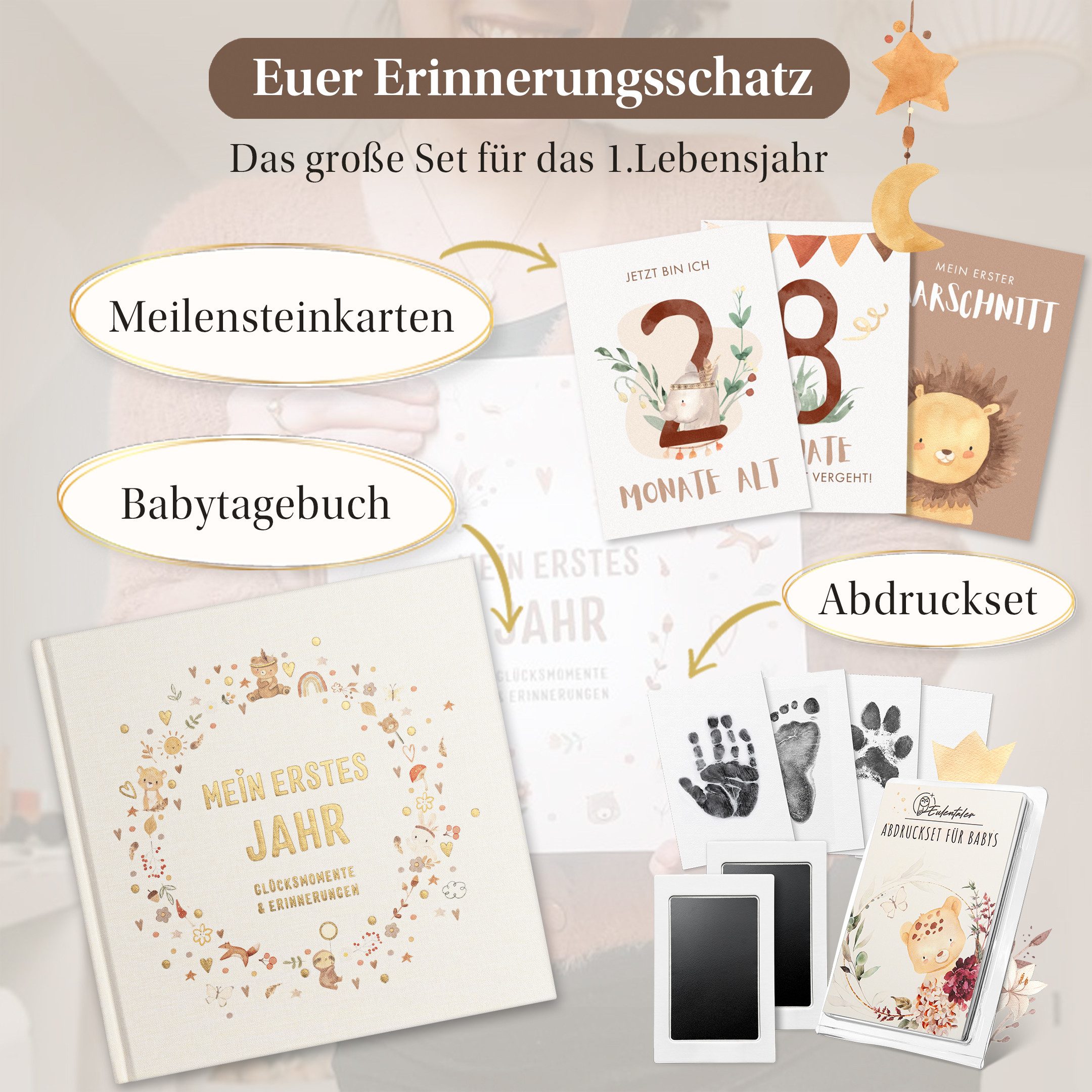 Eulentaler Tagebuch I Geburt Geschenkset 3in1 I Babyalbum, Meilensteinkarten & Abdruckset, für das erste Jahr, von Pädagogen gestaltet