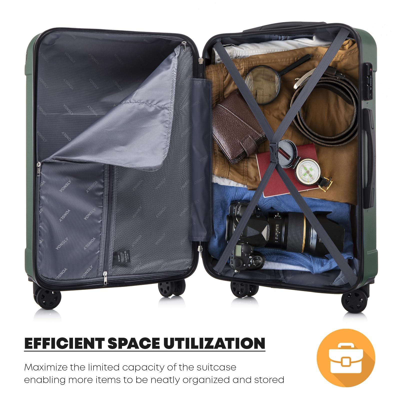 YONSLY Hartschalen-Trolley Premium Hartschalen-Reisekoffer Trolley Kabinenkoffer, 4 Rollen, TSA-Schloss, YKK-Reißverschluss, austauschbare Rollen & Griffe