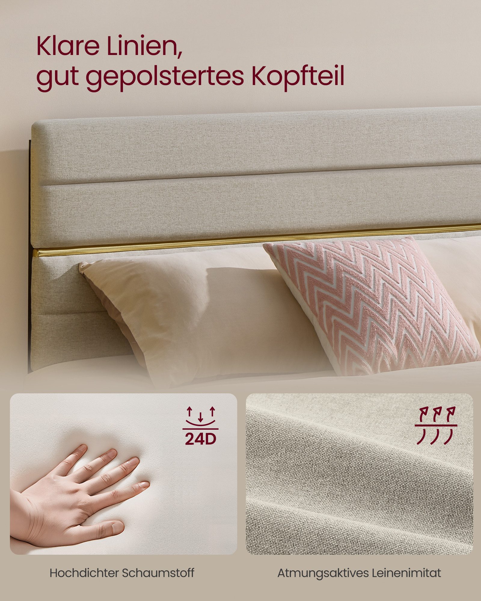 VASAGLE Polsterbett, Bettgestell, hochtragfähig, robust, in 3 Größen verfügbar