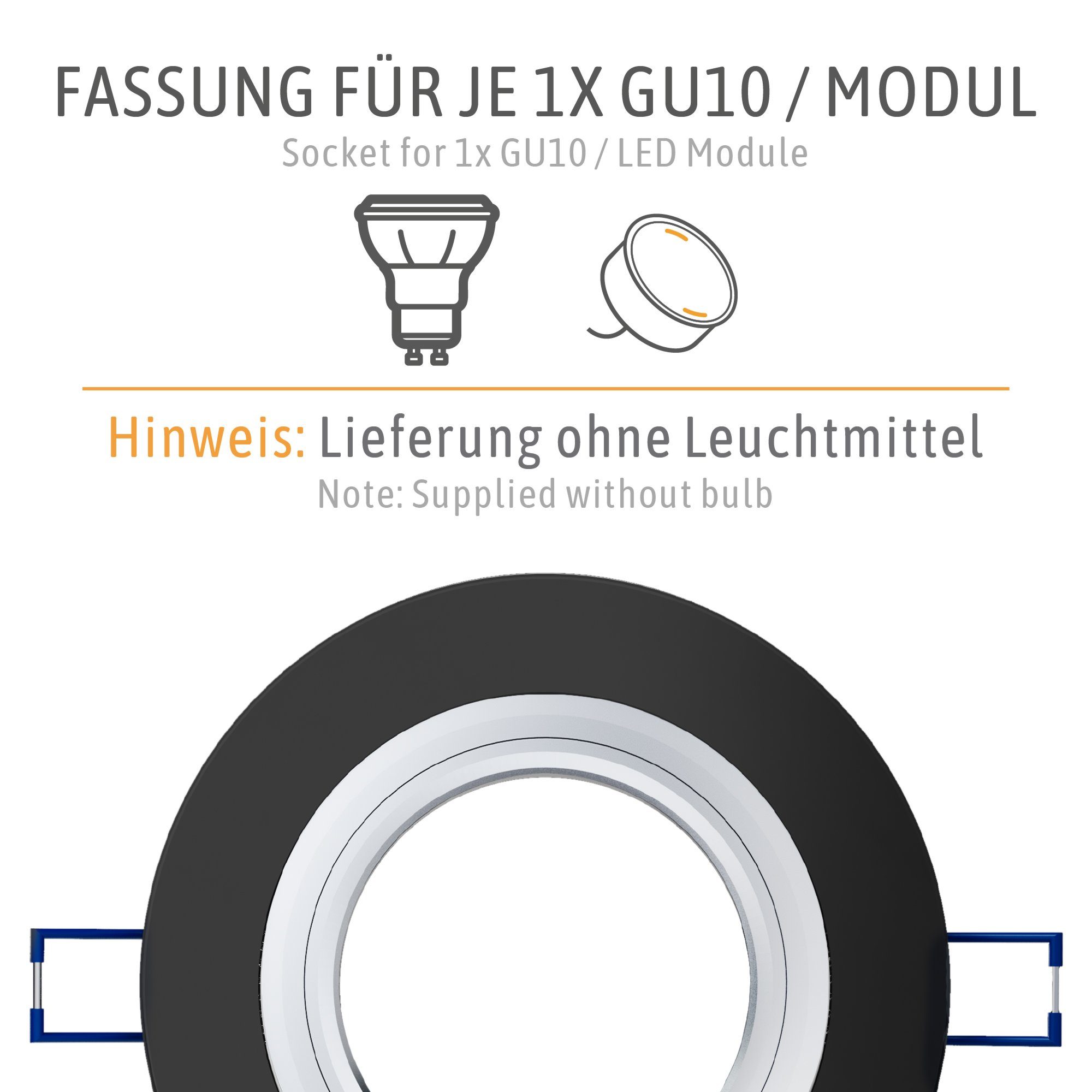 SSC-LUXon LED schwarz, mit Runde GU10-Fassung Einbaustrahler Glas-Einbauleuchte Innenring, Alu