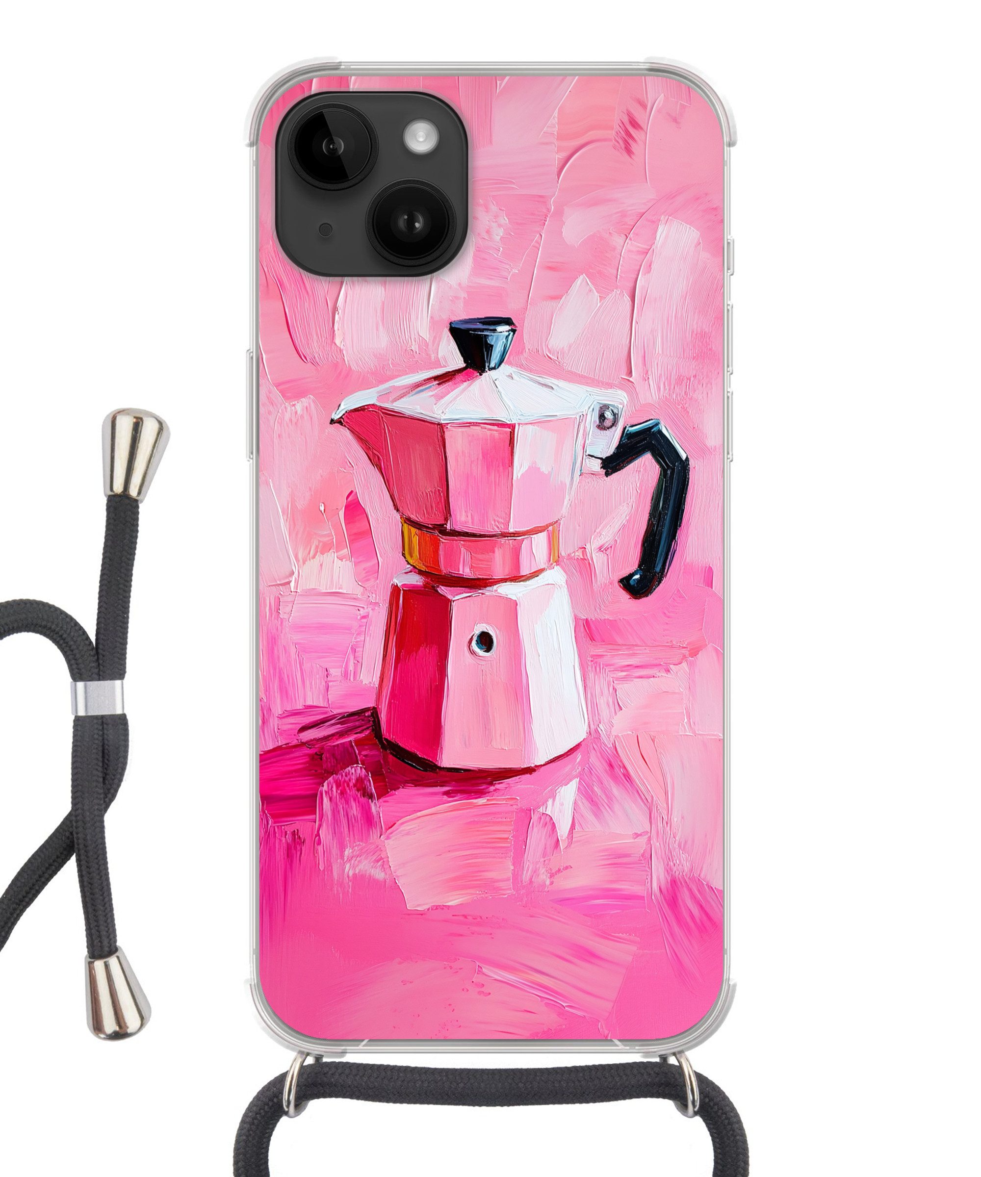 MuchoWow Handyhülle für Apple iPhone 14 Rosa - Farbe - Kaffee, Tragbare Handyhüllen mit Kette zum umhängen, Handykette Handyband