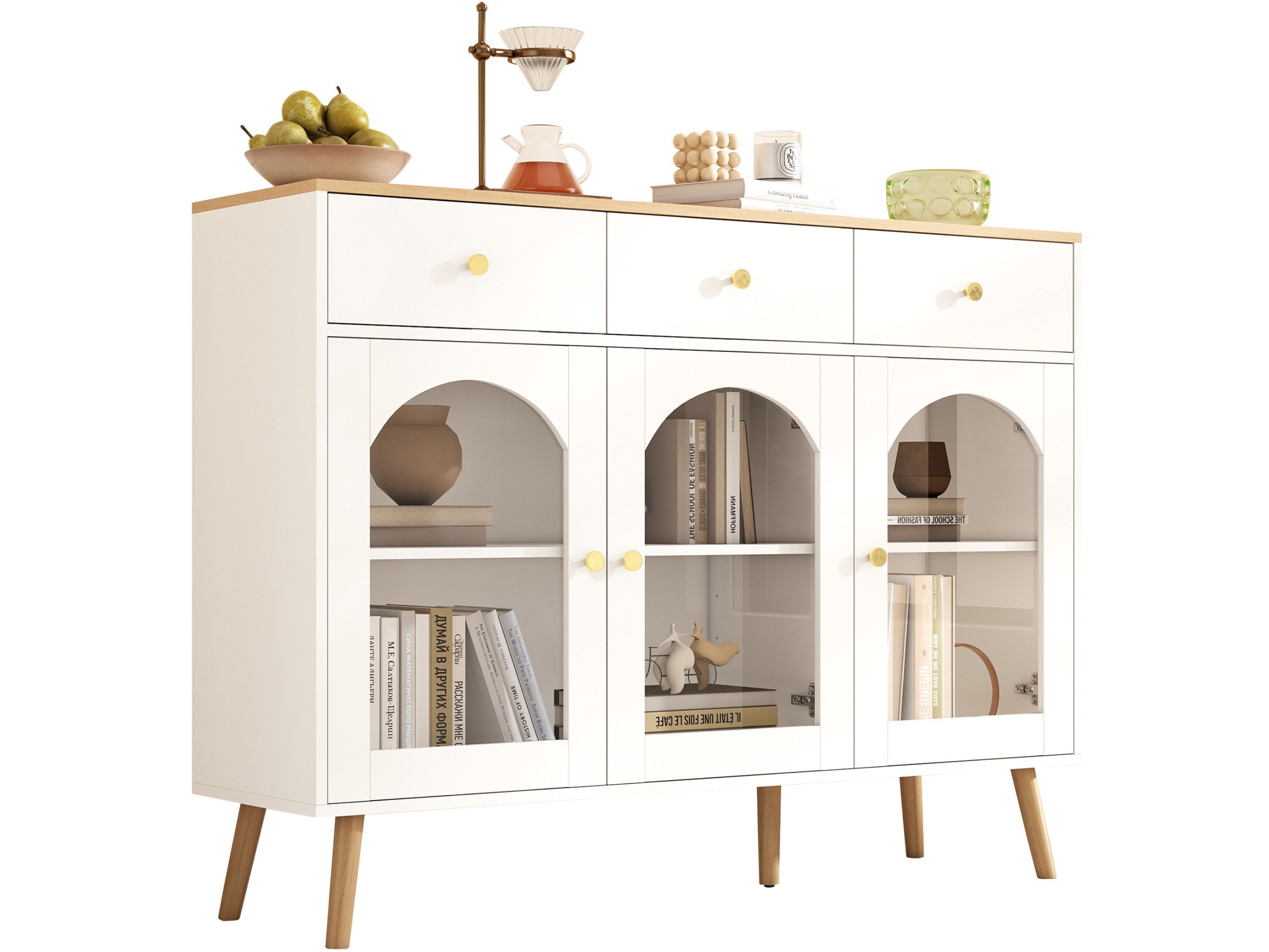 SeedWave Sideboard Mehrzweck Kommode Esszimmer Sideboard mit Durchsichtige Glas-Bögen, Mehrer Stauraum, Verstellbare Einlegeböden, Magnetische Einrichtung