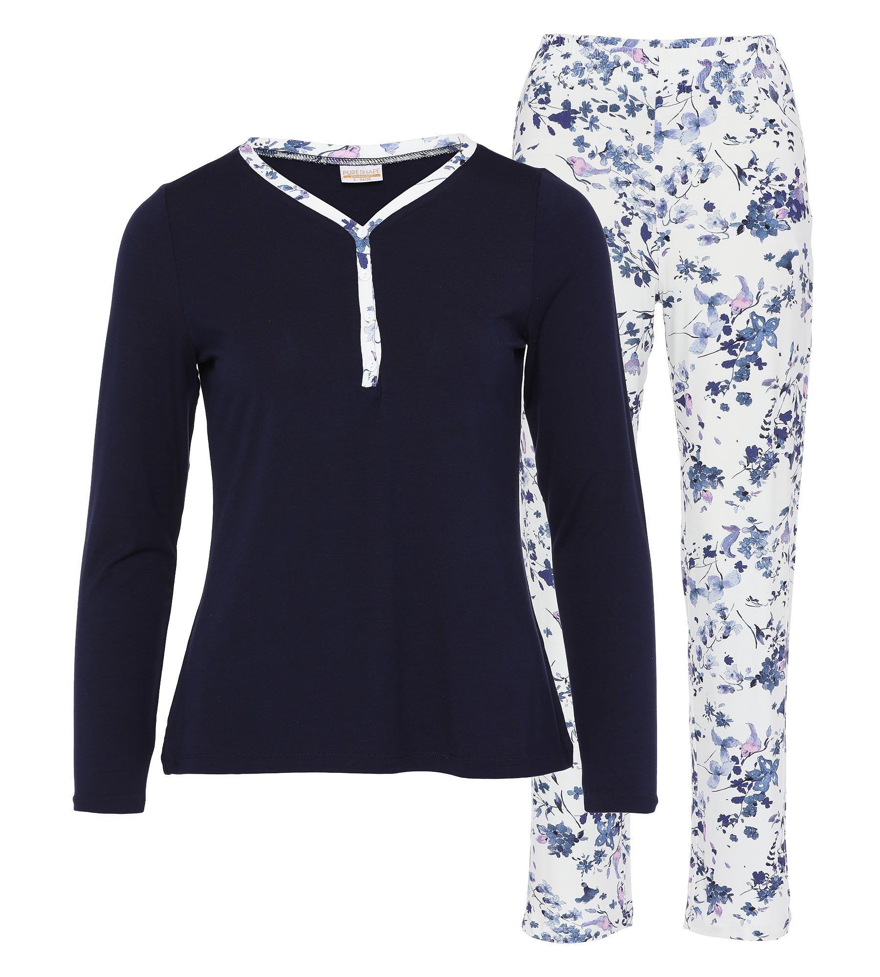Pure 2-teilig) Hose & Pyjama Shirt Knopfleiste Blumenmuster Shape elastisch (Set, und mit