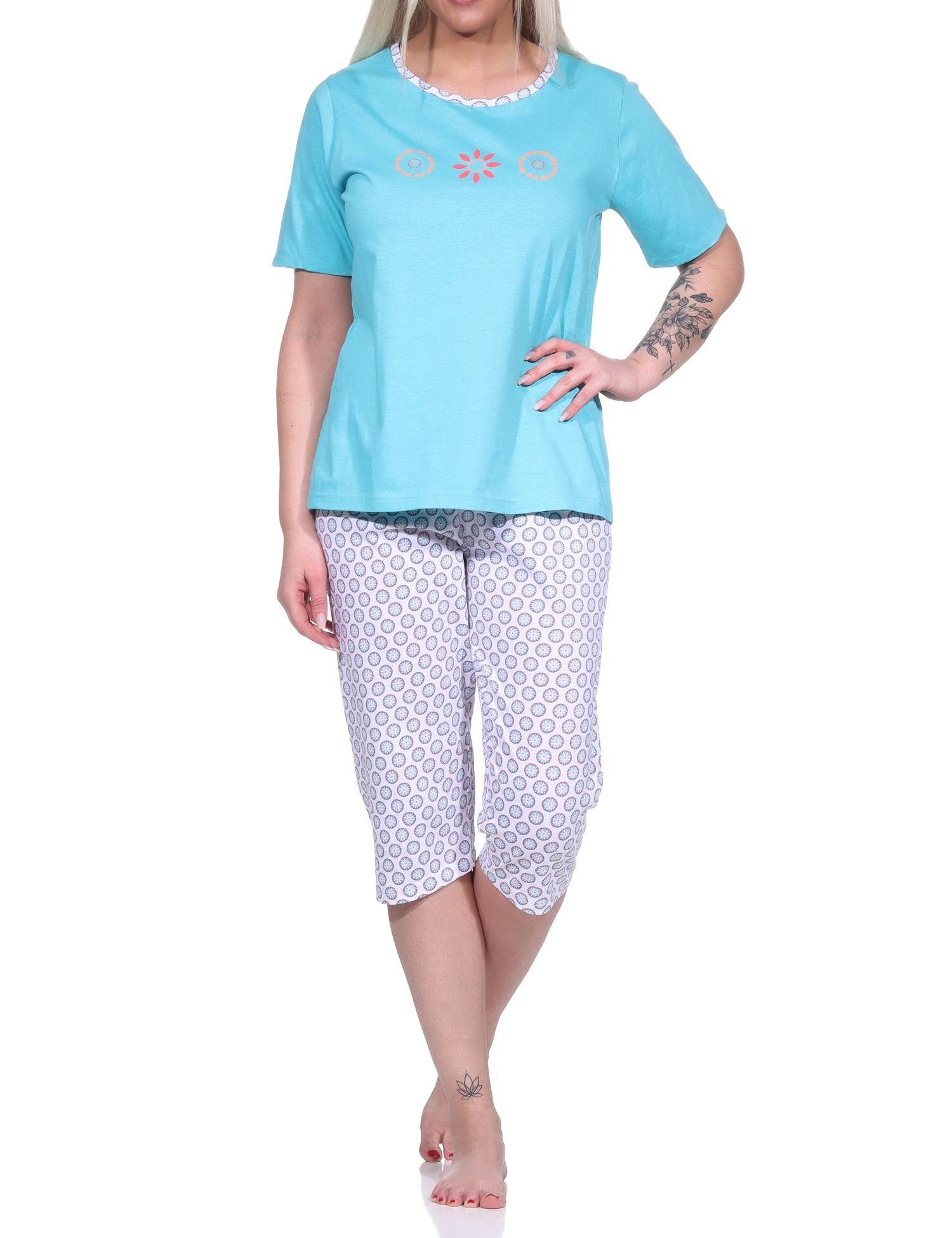 Pyjama Damen Schlafanzug Capri, Pyjama mit Blümchen-Muster und Caprihose