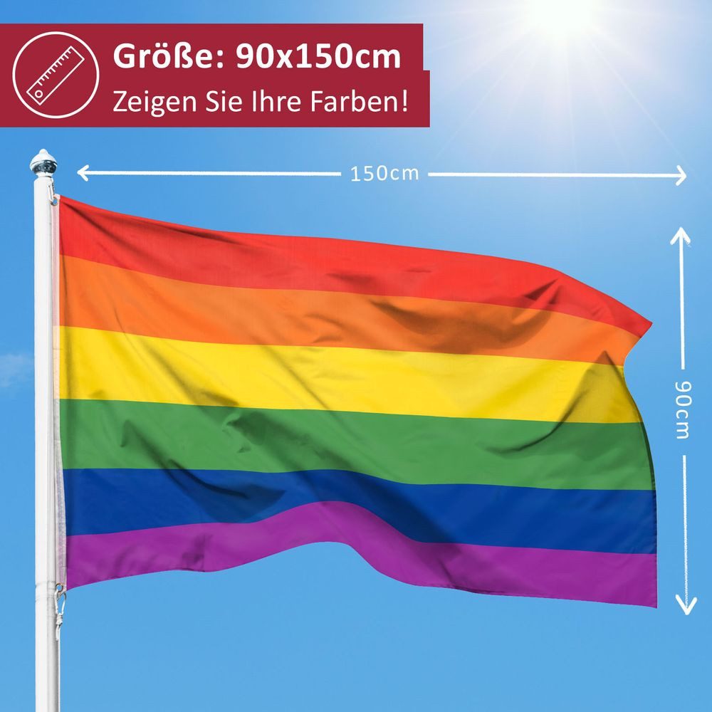 PHENO FLAGS Flagge Regenbogen Flagge 90 x 150 cm Rainbow Fahne CSD LGBT Pride (Hissflagge für Fahnenmast), Inkl. 2 Messing Ösen