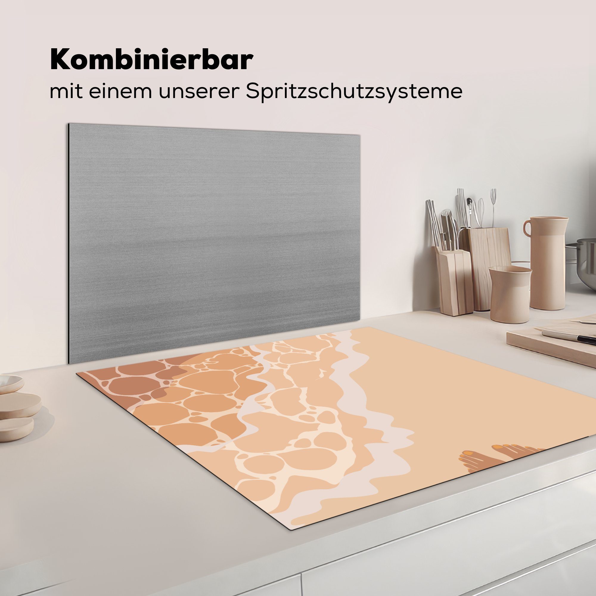 (1 Herdblende-/Abdeckplatte - Ceranfeldabdeckung, 78x78 - Arbeitsplatte Strand tlg), MuchoWow für cm, Vinyl, Füße, Meer küche