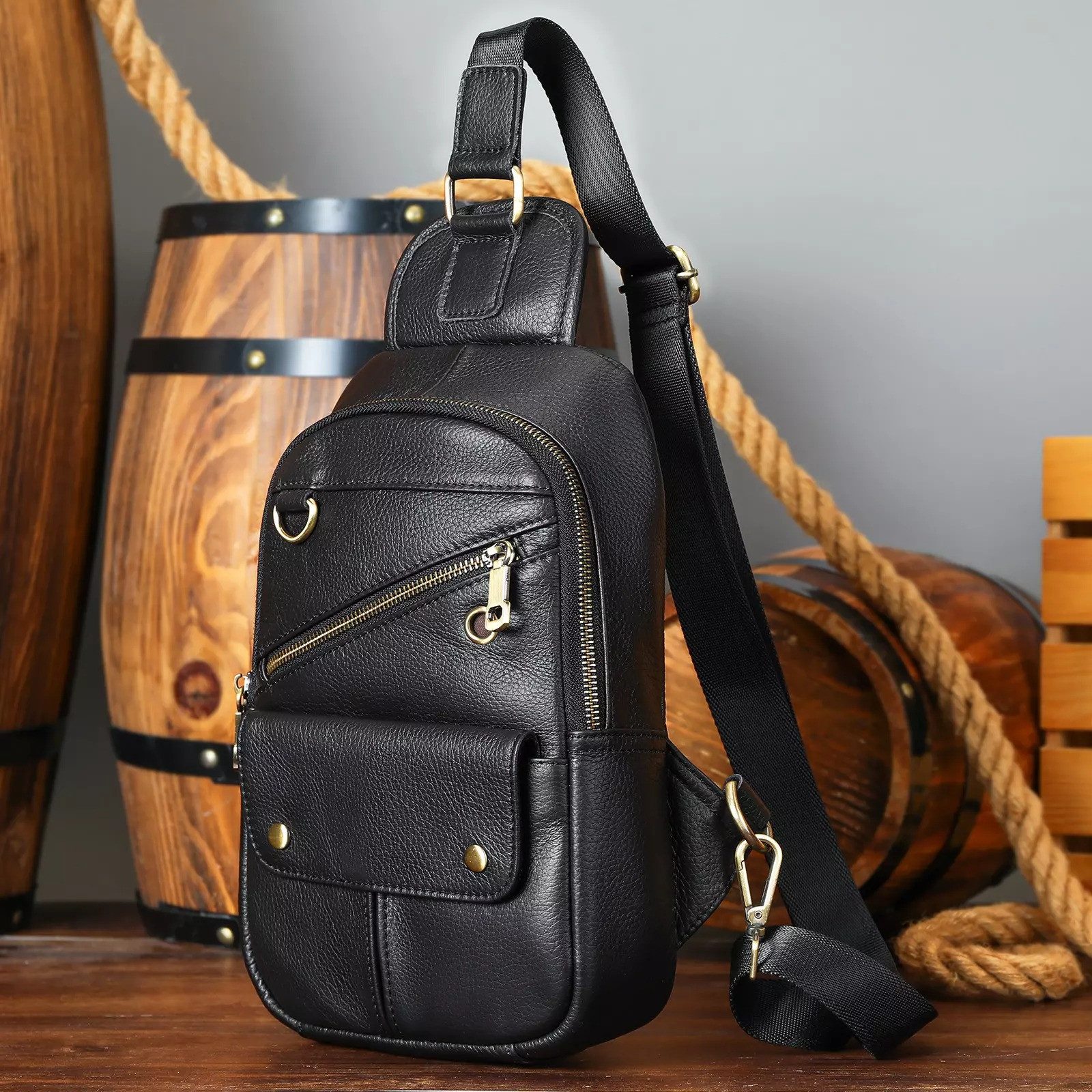 Messenger Bag Herren Leder Brusttasche Crossbody Schultertasche Mehrere Taschen