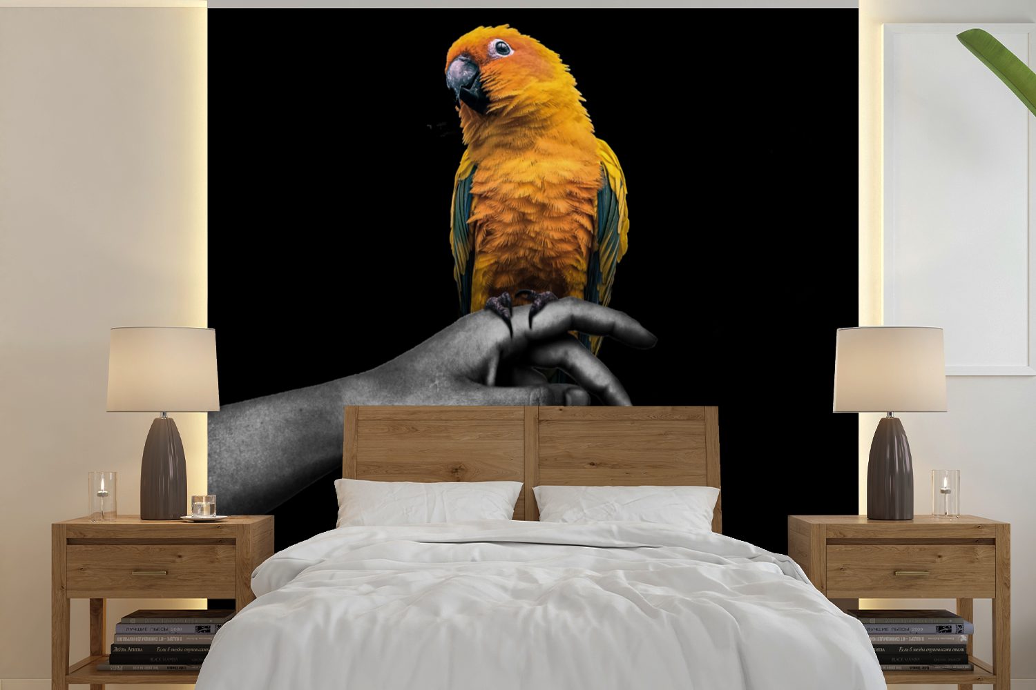 MuchoWow Fototapete Vogel - Papagei - Hand - Gelb, Matt, bedruckt, (5 St), Vinyl Tapete für Wohnzimmer oder Schlafzimmer, Wandtapete