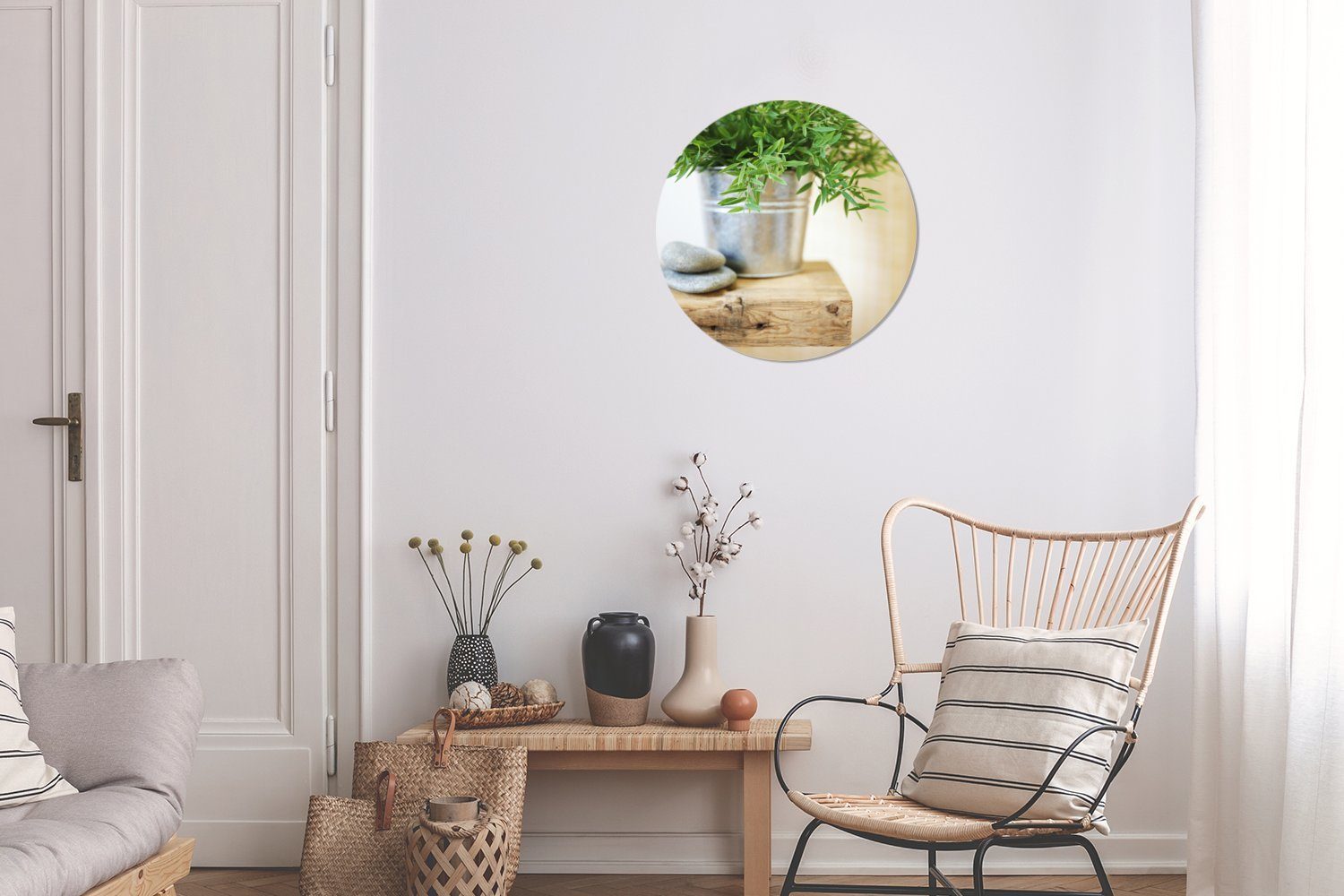 MuchoWow Gemälde Metallbehälter mit St), Kreis Estragonpflanzen (1 cm Wanddekoration 30x30 Forex, einem Holztisch, auf Wandbild, Wohnzimmer, Rundes